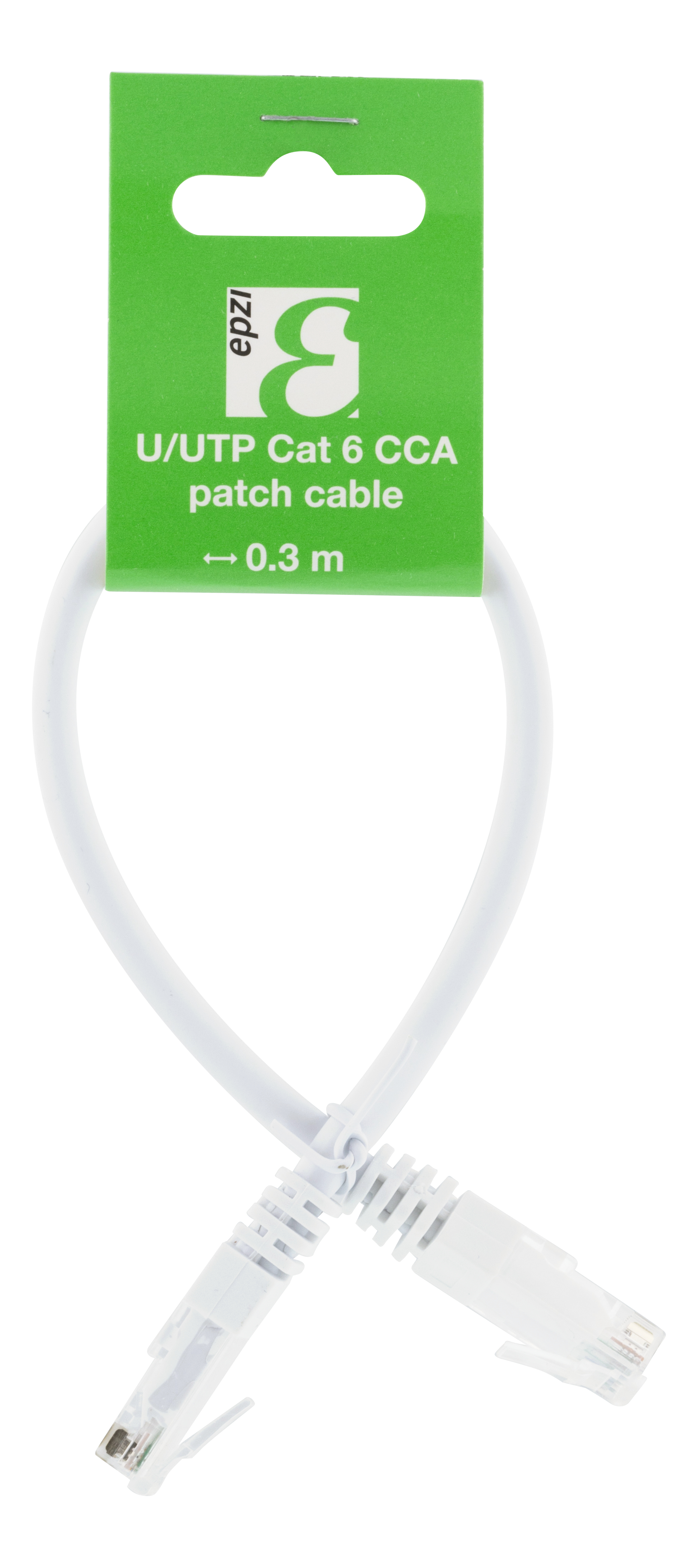 Un cavo di rete bianco con connettori e un'etichetta verde, su sfondo bianco.