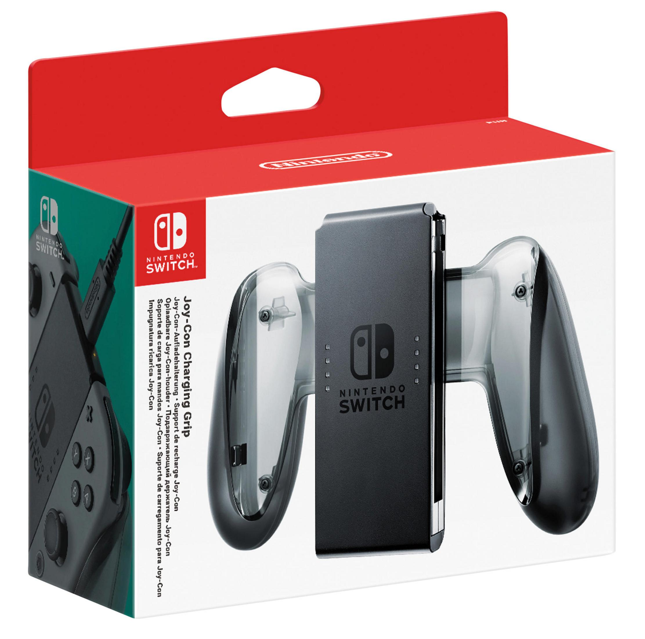 Uchwyt ładujący Nintendo Switch Joy-Con w pudełku. Przezroczyste uchwyty z czarną stacją ładującą. Czerwone pudełko.