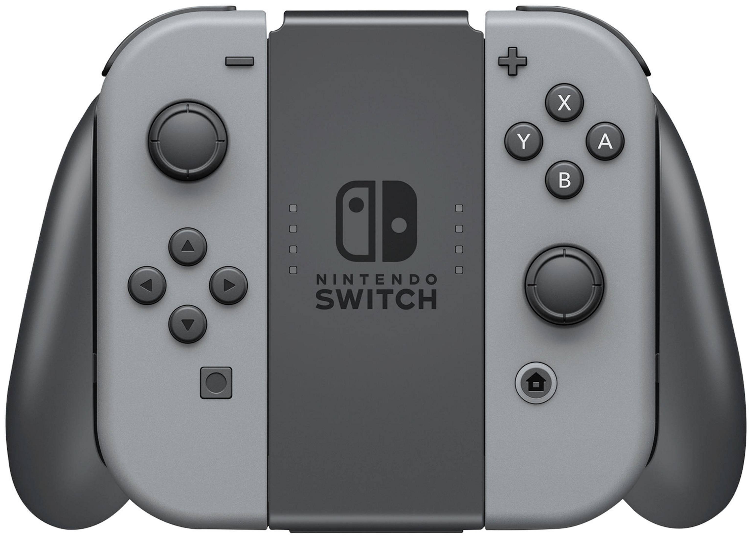 Kontroler Nintendo Switch. Szare joy-cony przymocowane do ciemnoszarego środka. Przyciski są widoczne.