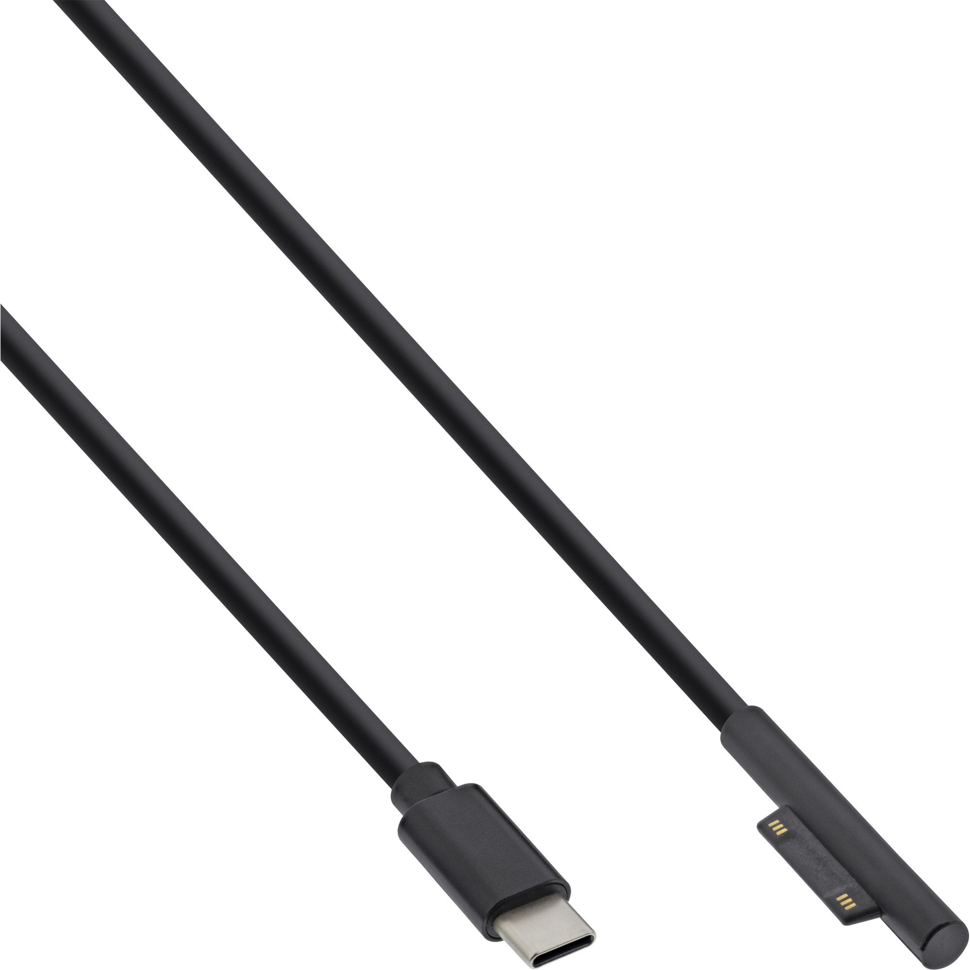 Cavo nero con connettore USB-C e connettore magnetico su sfondo bianco.