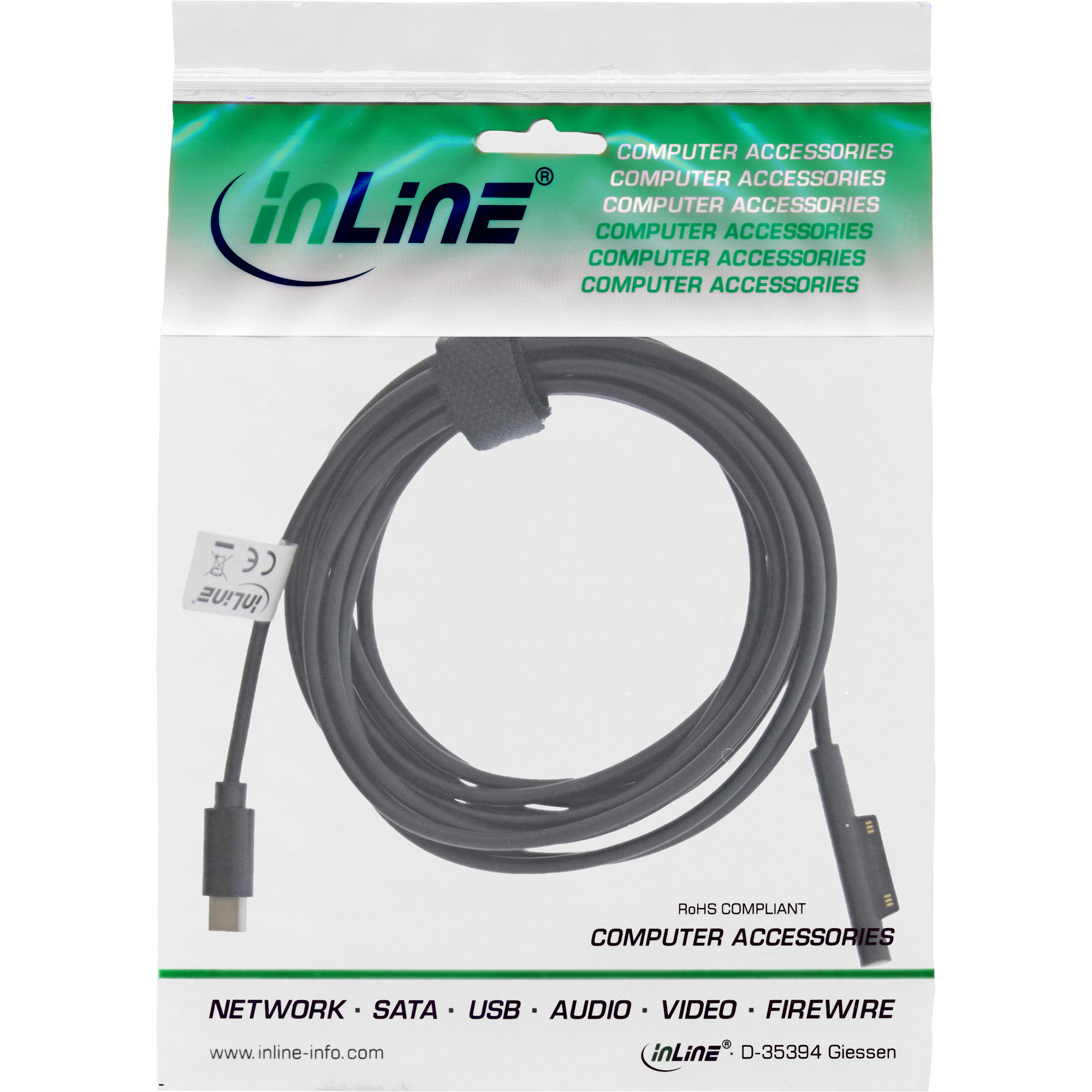 Cavo nero in sacchetto di plastica, con USB-C e connettore magnetico.