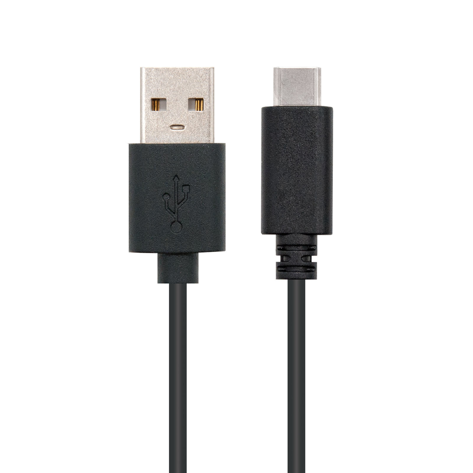 Black USB cable with USB-A and USB-C connectors, against a white background.