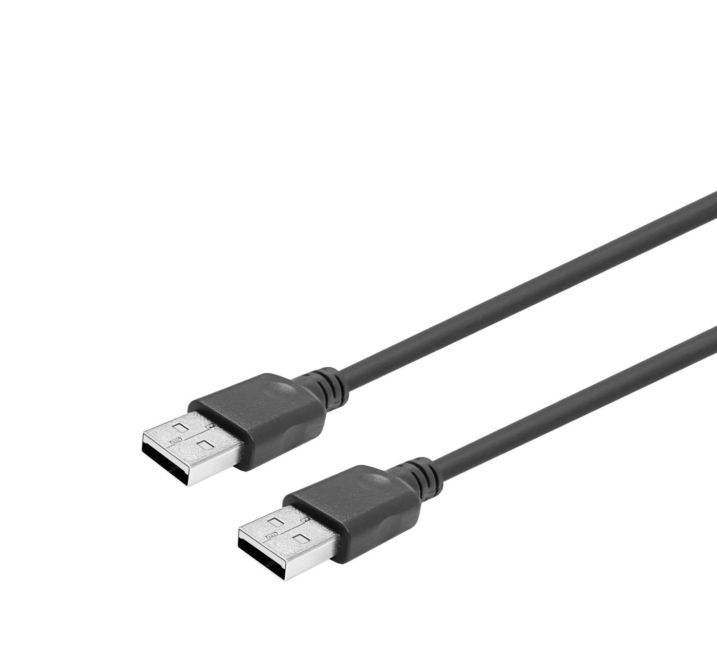 Zwarte USB-kabel met USB-A-connectoren aan beide uiteinden op een witte achtergrond.