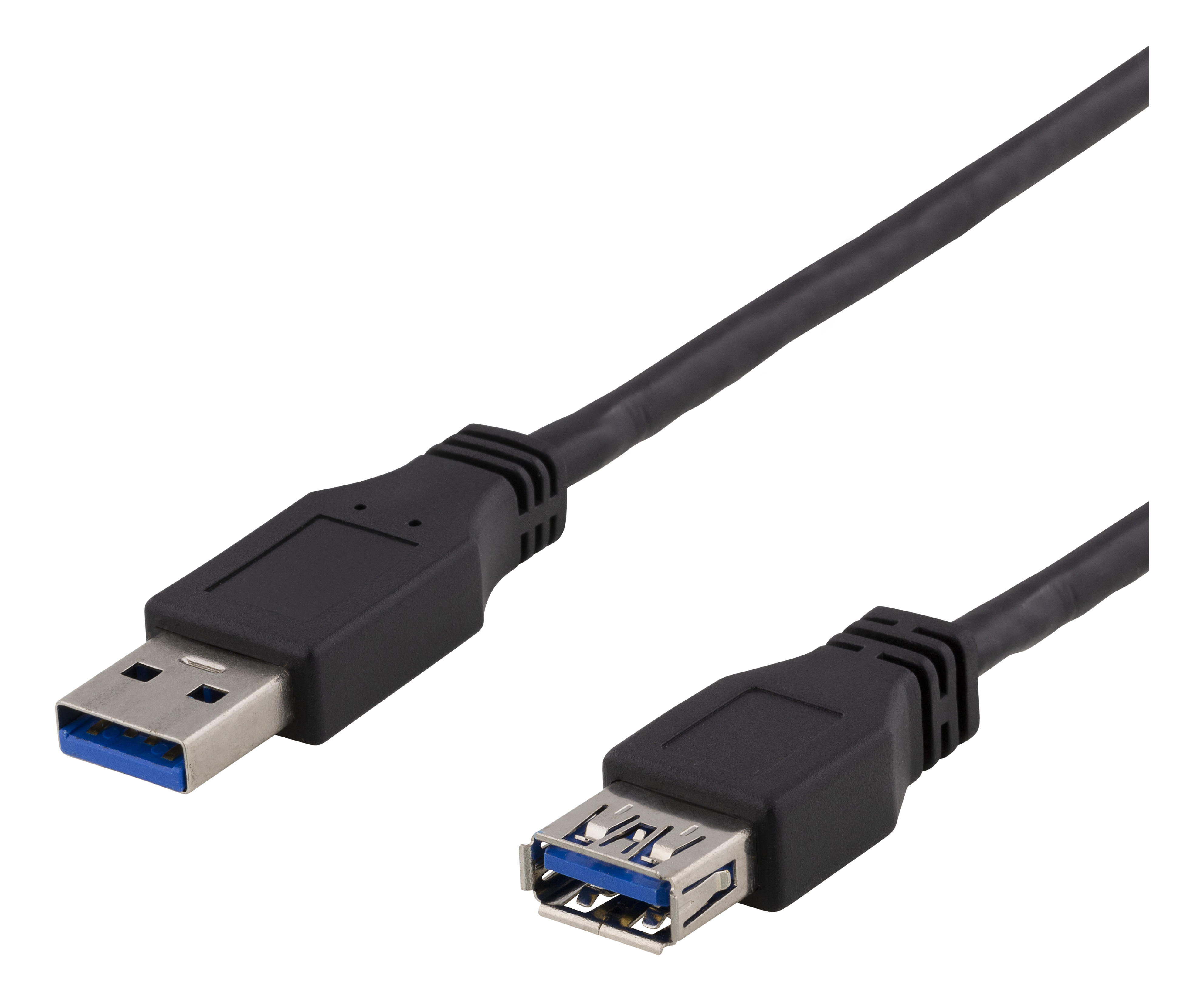 Due cavi USB neri, uno USB-A e uno USB-A femmina. Sfondo nero.
