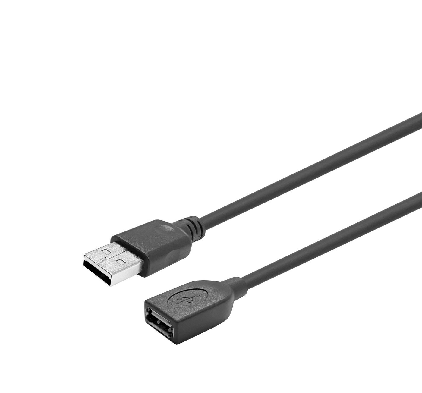 Zwarte USB-kabel met USB-A- en USB-B-connectoren op een witte achtergrond.