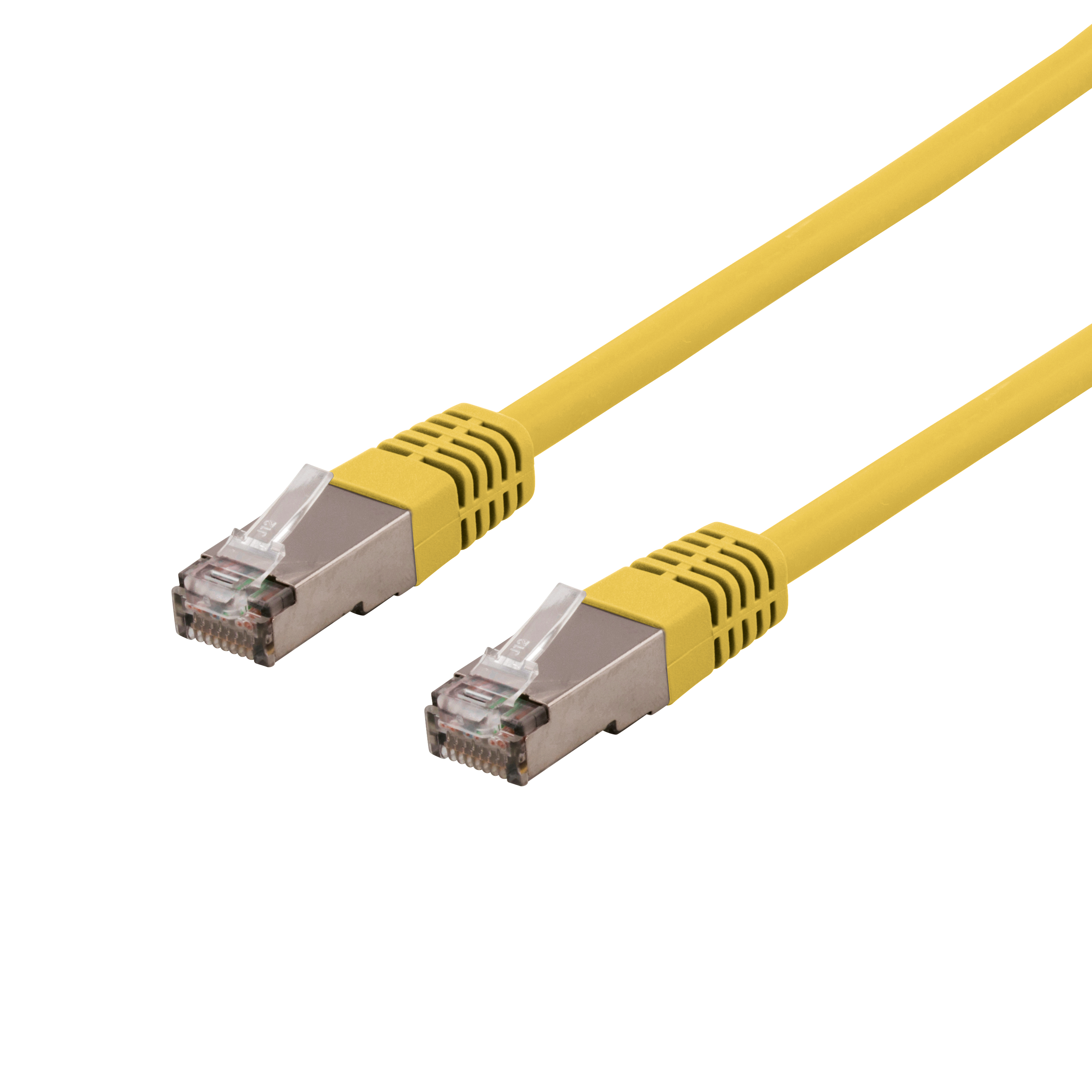 Due cavi Ethernet gialli con connettori argentati su sfondo bianco.