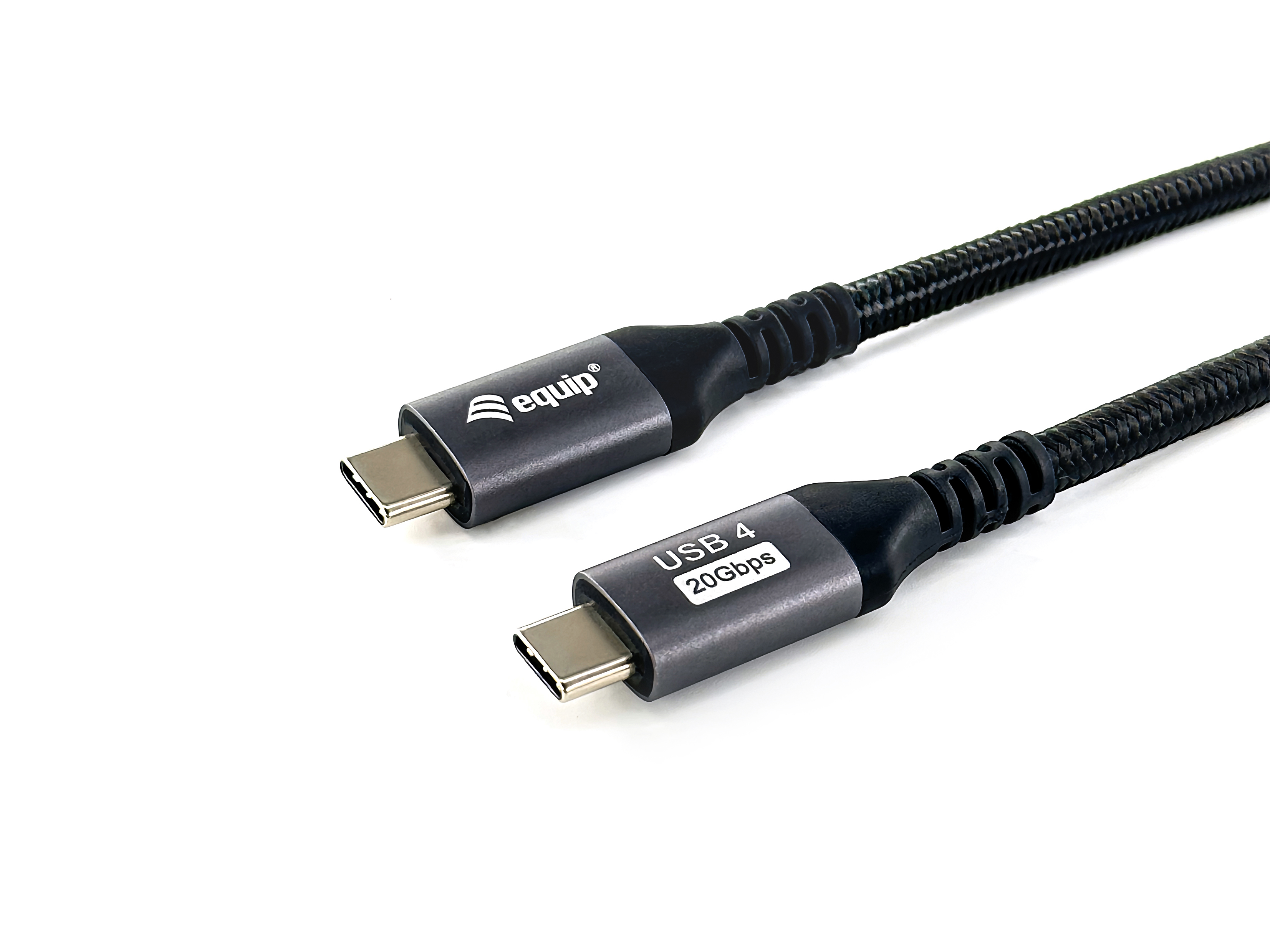 Zwarte equip USB 4-kabel met twee USB-C-connectoren op een witte achtergrond.