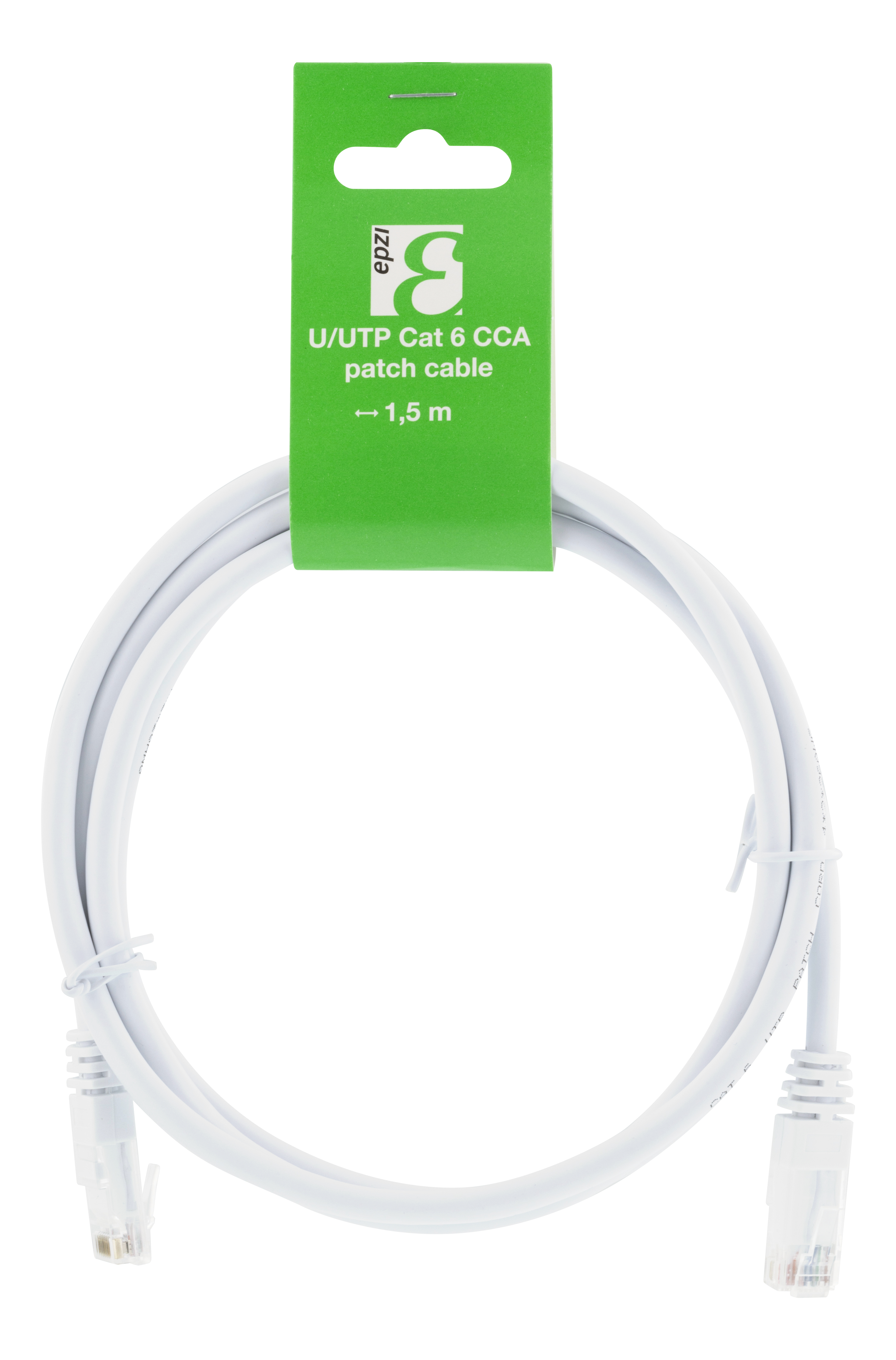 Un cavo di rete bianco con etichetta verde, appeso. Il cavo ha due connettori.