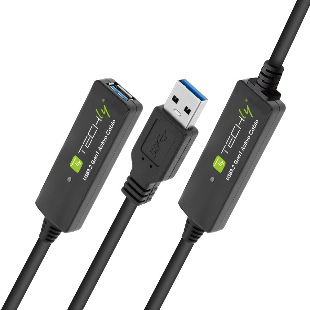 Cavo USB nero con connettori ed etichetta verde su sfondo bianco.