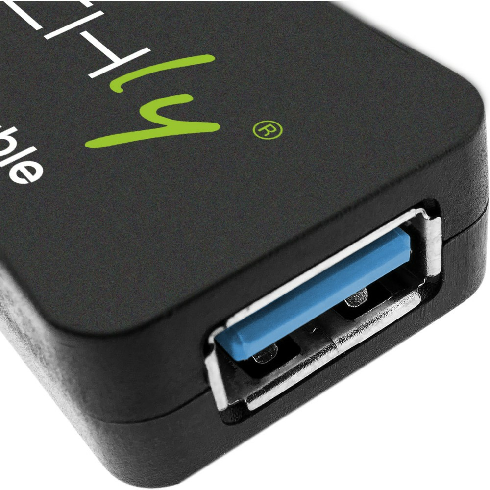 Hub USB nero con porta USB-A. Sfondo nero.