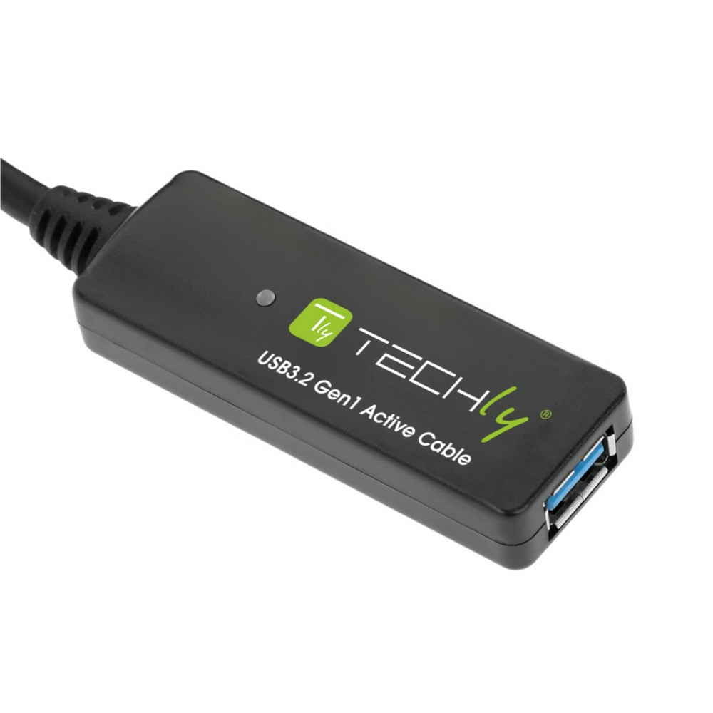 Cavo attivo USB 3.2 Gen 1 nero. Marchio TECHly. Sfondo bianco.