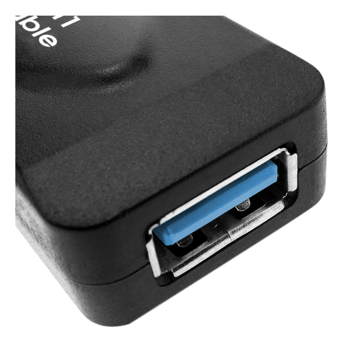 Un hub USB nero con una porta USB blu su sfondo bianco.