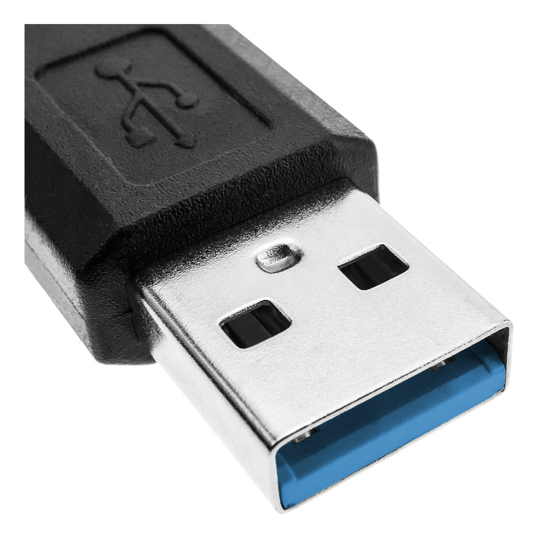 Un connettore USB nero. Estremità argentata con interno blu. Logo USB in alto.