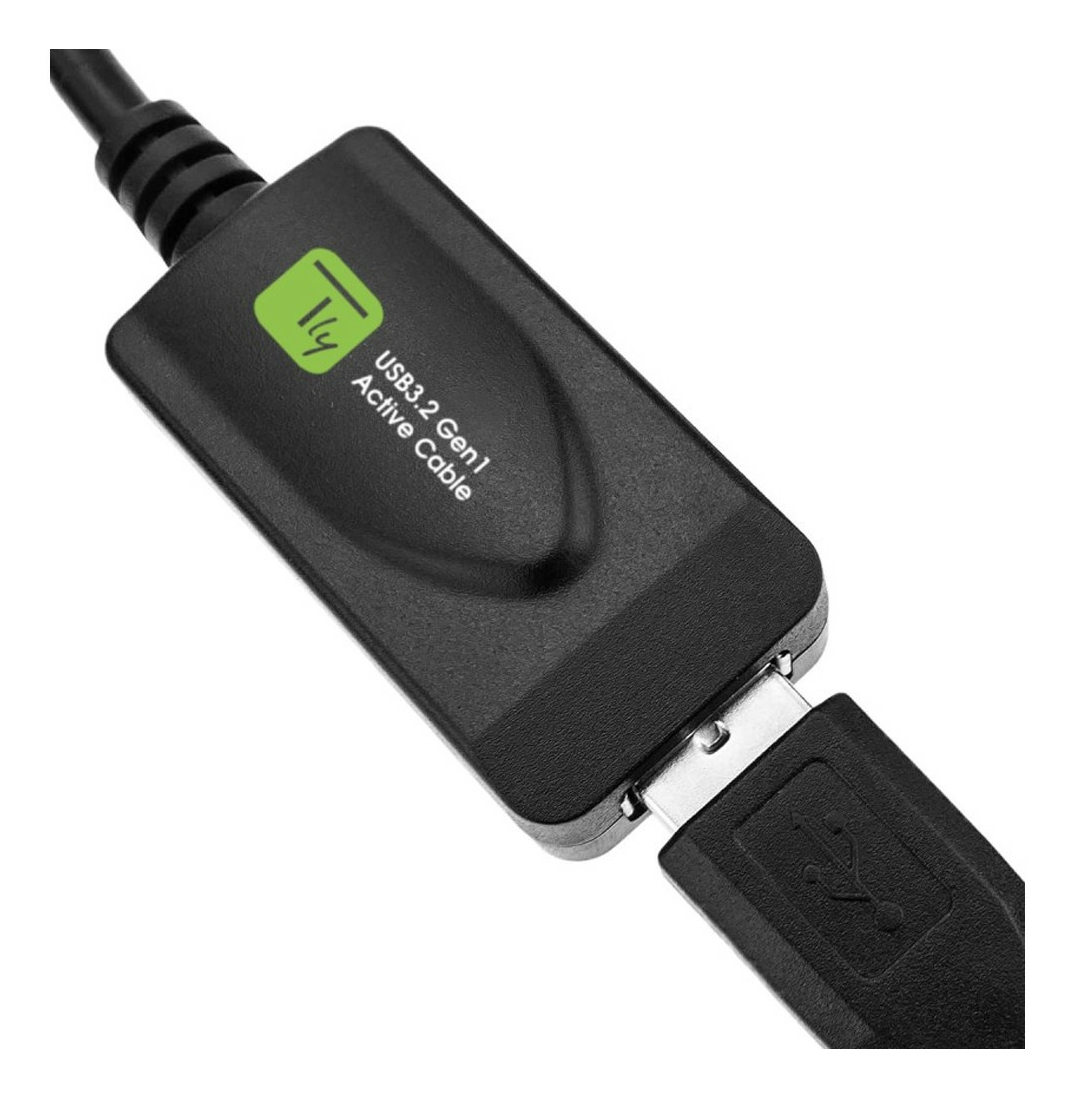 Primo piano di un cavo USB attivo nero, connettore USB-B e micro-USB.