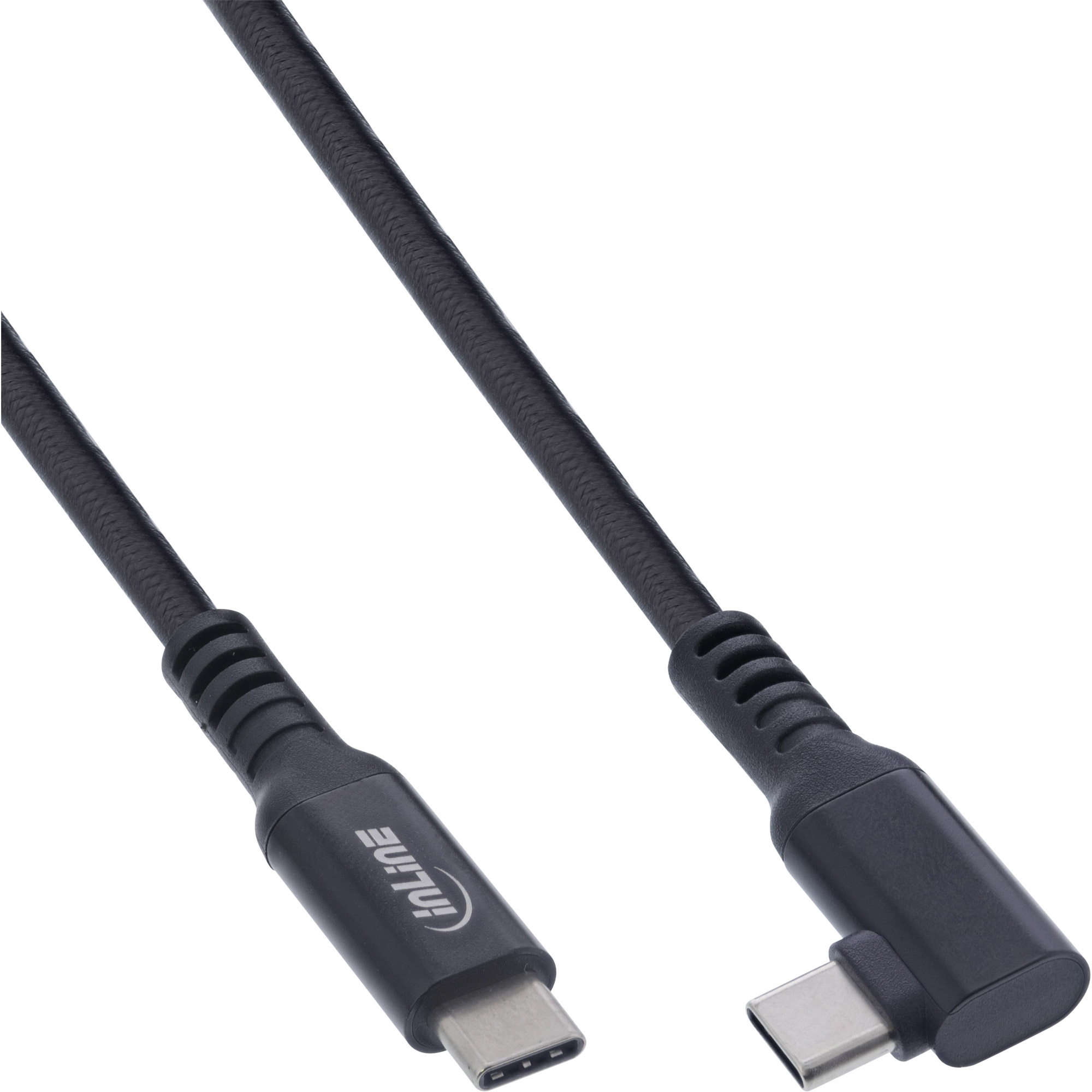 Due cavi USB-C neri, uno con connettore ad angolo retto, su sfondo bianco.