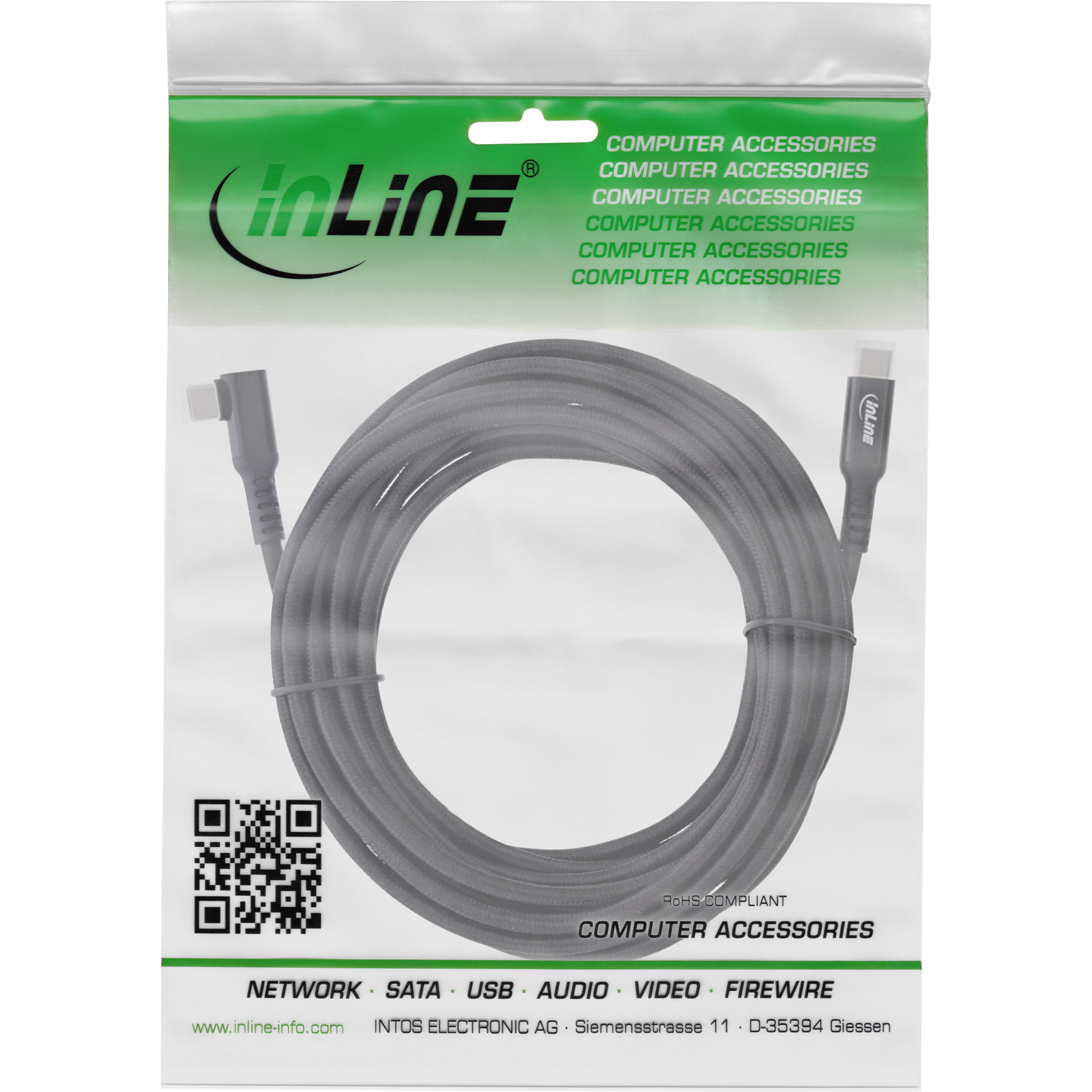 Cavo USB-C grigio in confezione. Confezione verde e bianca con testo. Sfondo bianco.