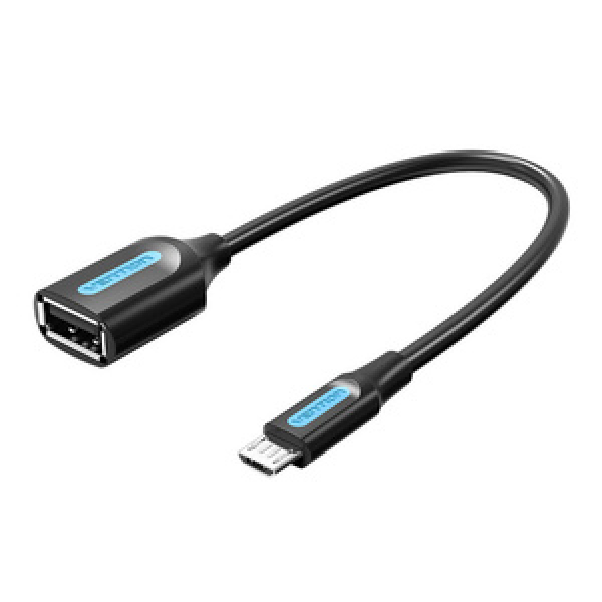 Un cavo da USB a Micro-USB nero. Ogni estremità ha un alloggiamento nero con testo blu.