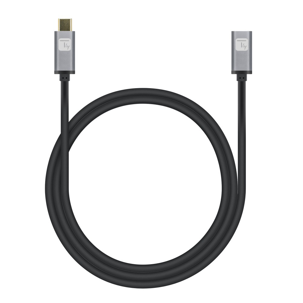 Un câble noir avec des connecteurs USB-C aux deux extrémités. Le câble est enroulé en forme de boucle.
