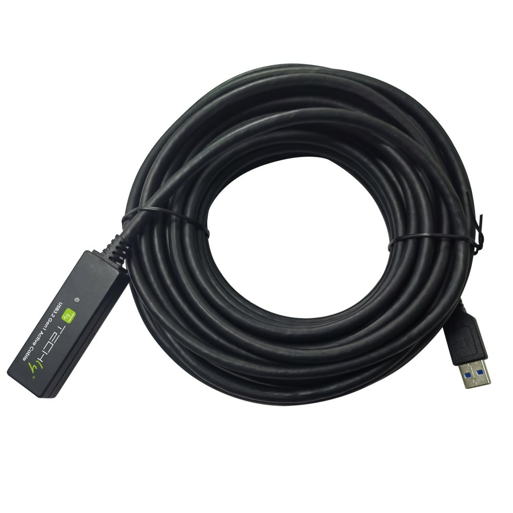 Cavo di prolunga USB nero arrotolato, connettore USB-A e scatola nera.