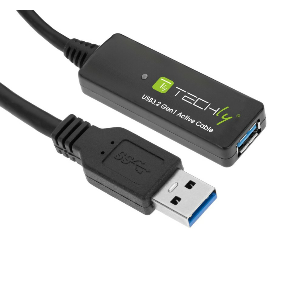 Un cavo USB 3.2 nero con connettori su entrambe le estremità e il logo 'Techly' su una scatola nera.