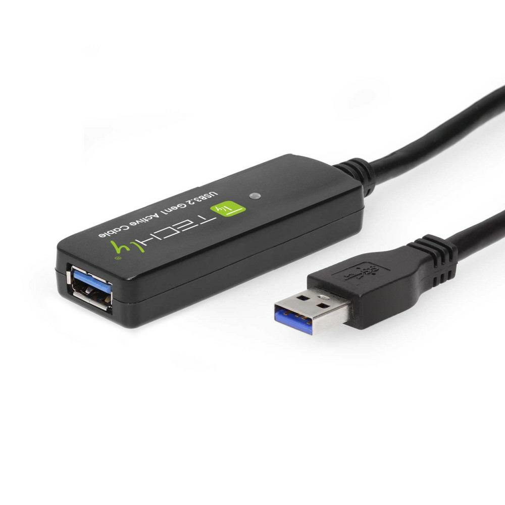 Cavo attivo USB 3.2 Gen 1 nero. Marca TECHly. Sfondo bianco.