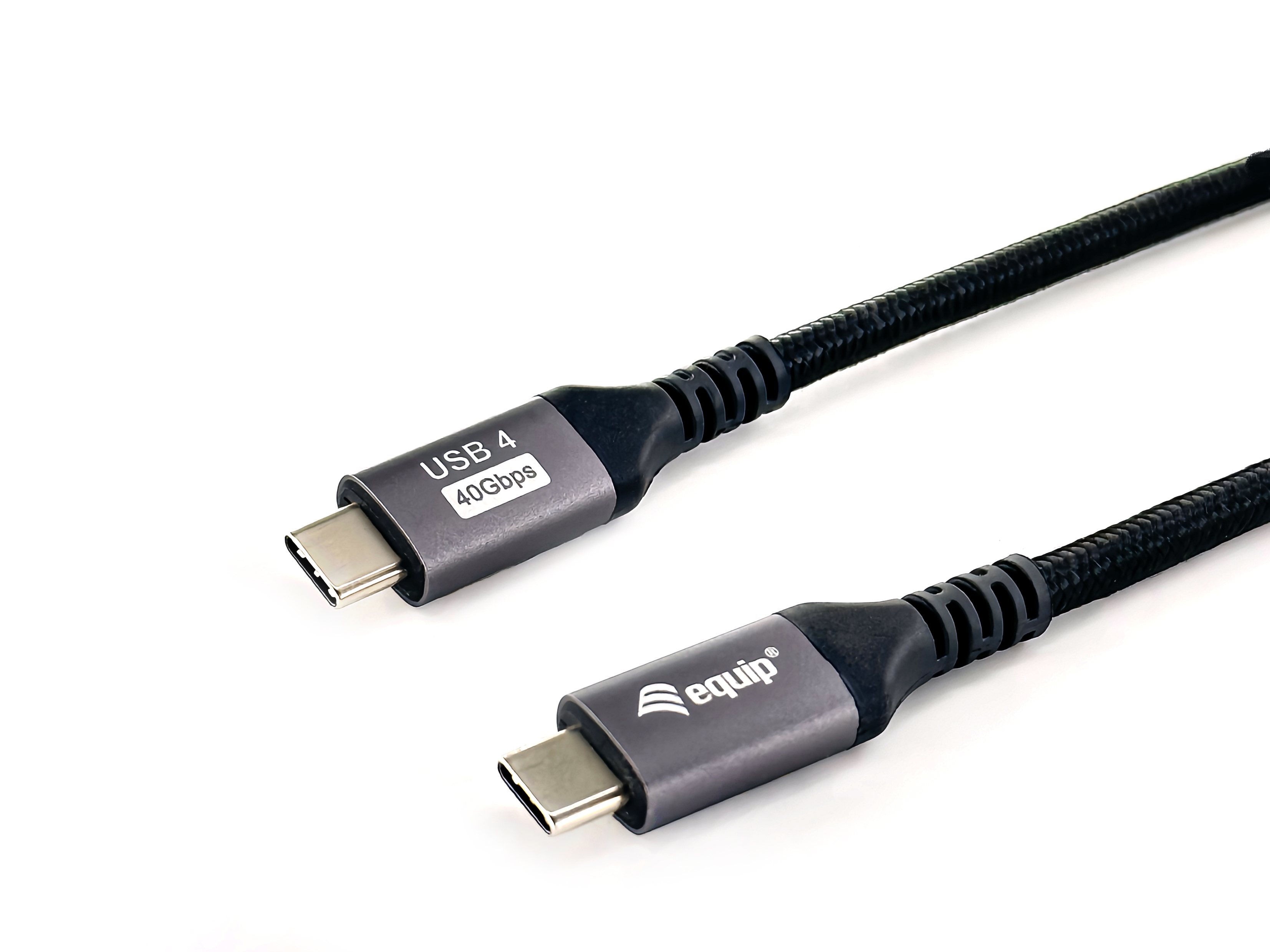 Kabel USB-C z szarymi złączami, USB 4 i tekstem 40Gbps, na białym tle. Czarny pleciony kabel.