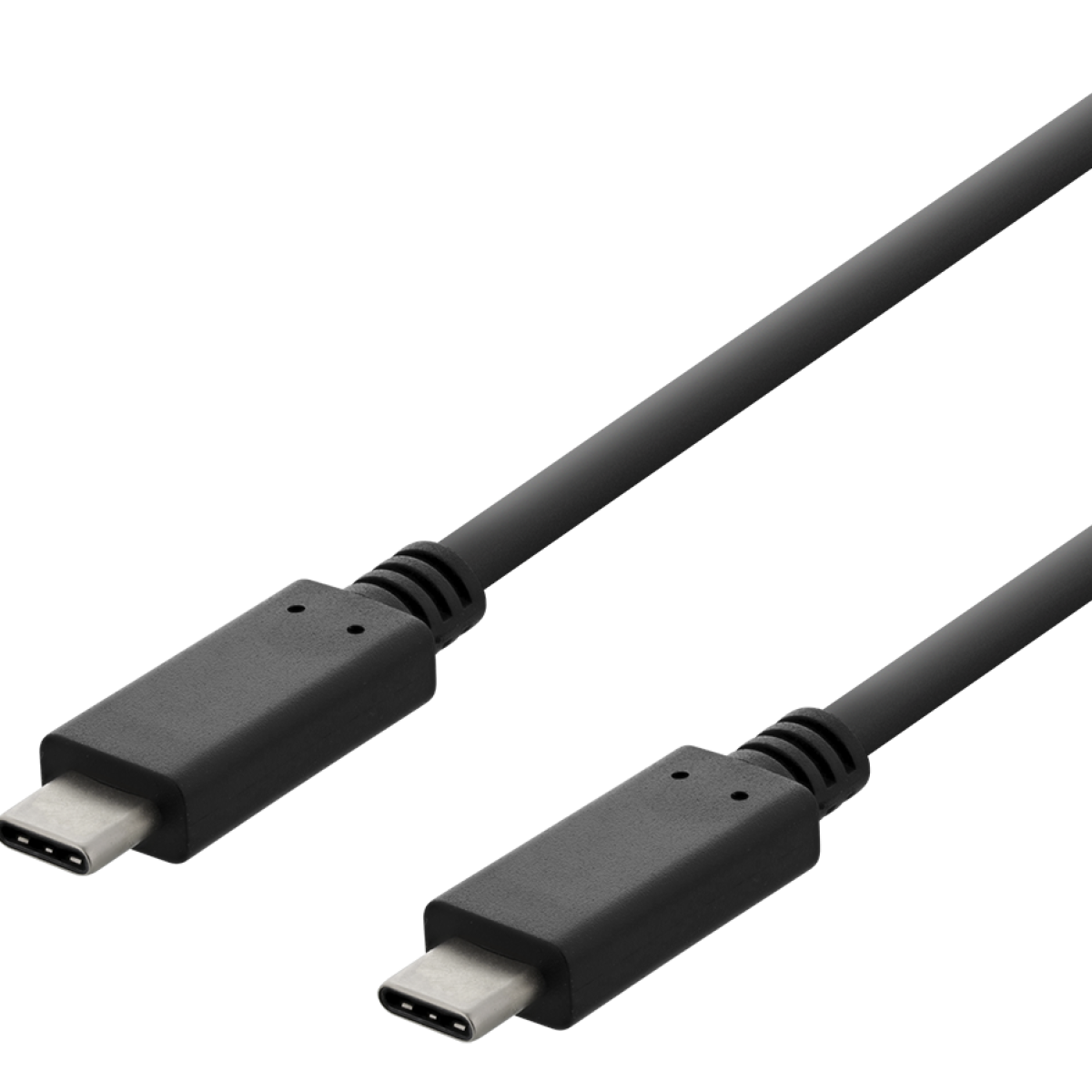 Due cavi USB-C neri. Entrambe le estremità sono connettori USB-C. Sfondo nero.