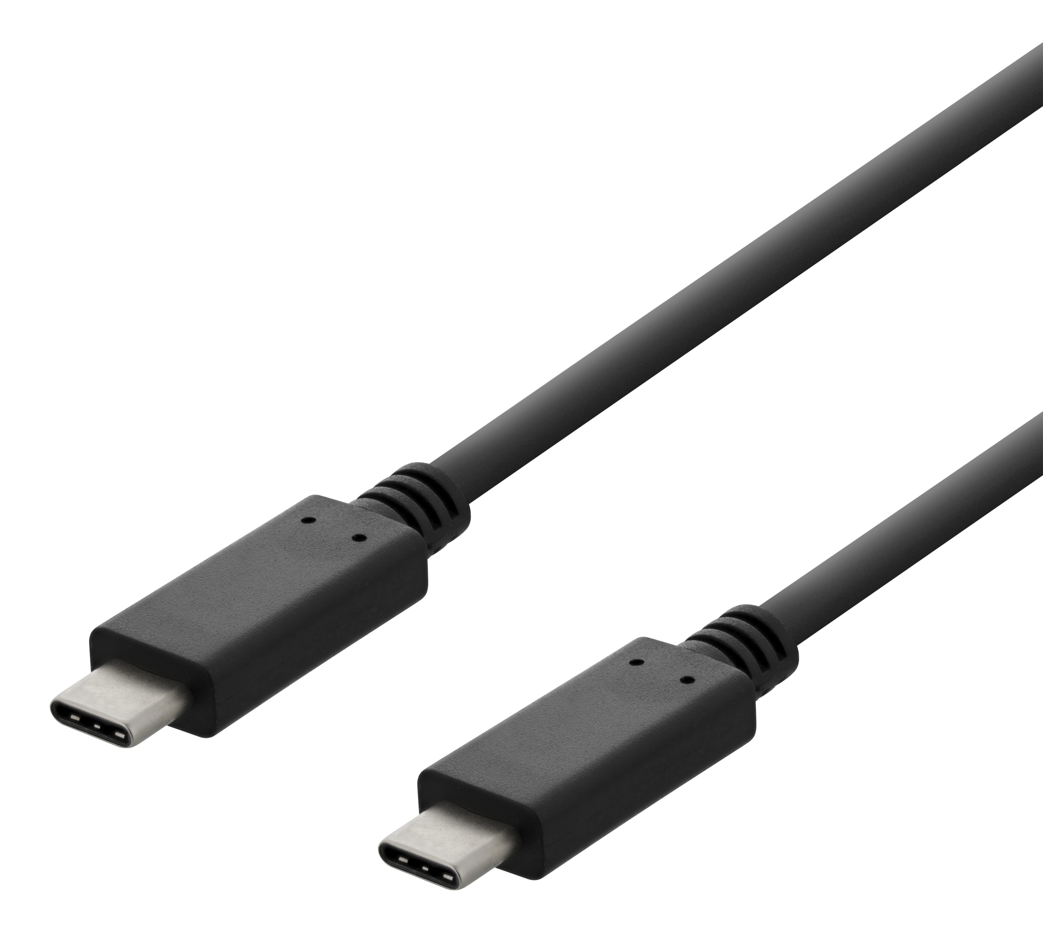 Due cavi USB-C neri, su sfondo nero. I connettori sono visibili alle estremità.