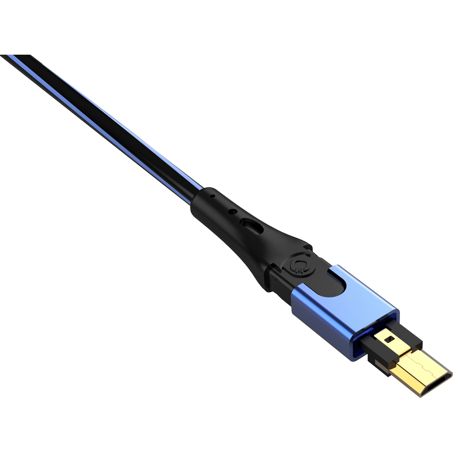 Schwarzes und blaues Kabel. Es hat einen schwarzen Stecker und einen blauen Abschnitt. Es ist ein USB-Kabel.