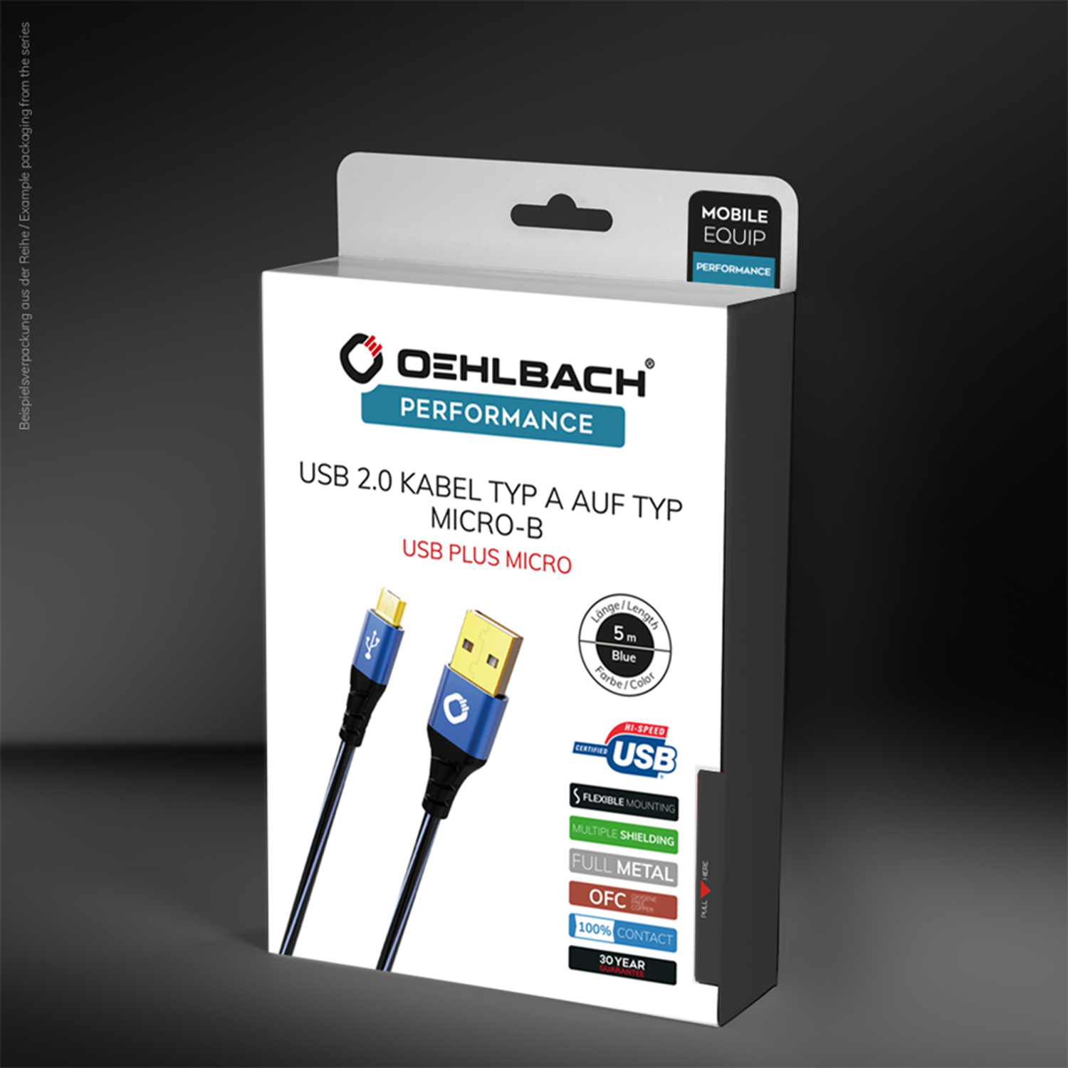 Eine USB-Kabelbox, schwarzes Kabel mit blauen Details, die Box ist weiß mit blauen und roten Details.