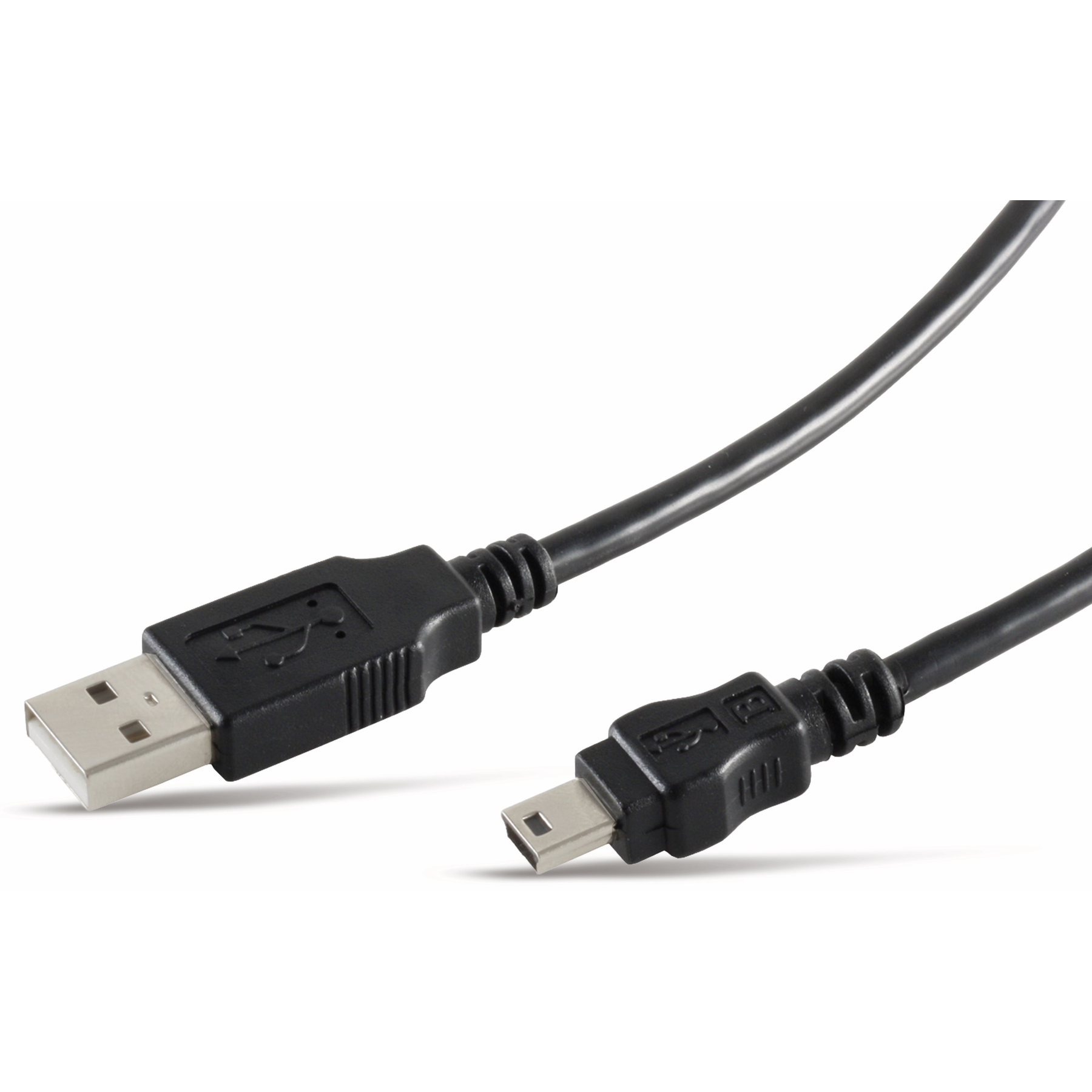 Czarny kabel USB ze złączami USB-A i USB-Mini na białym tle.
