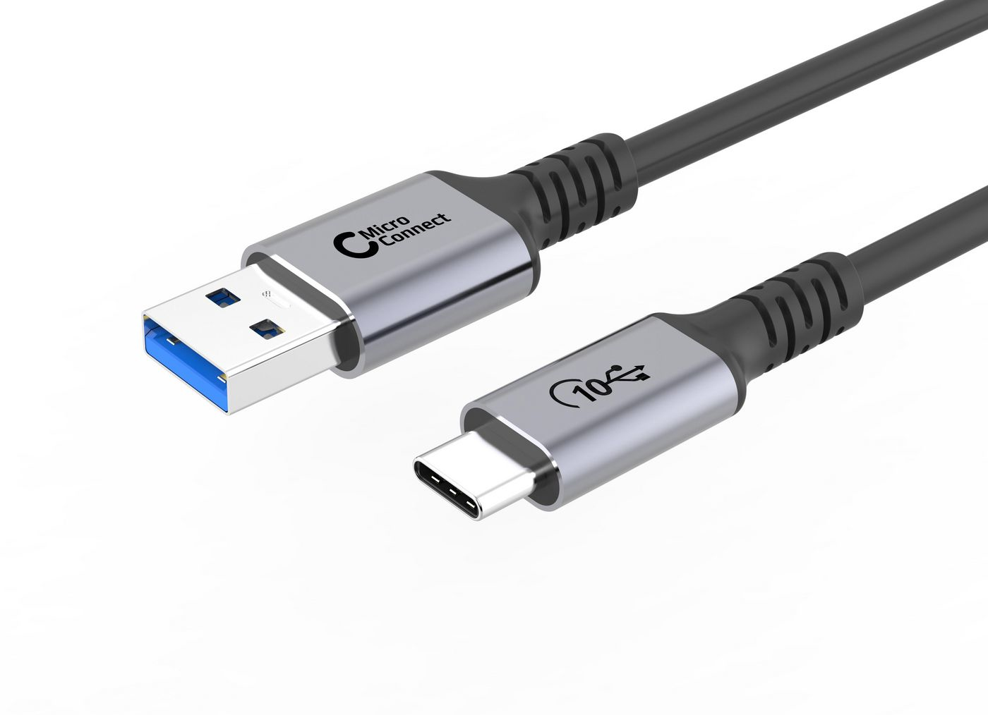 Câble USB vers USB-C avec connecteurs argentés et noirs.
