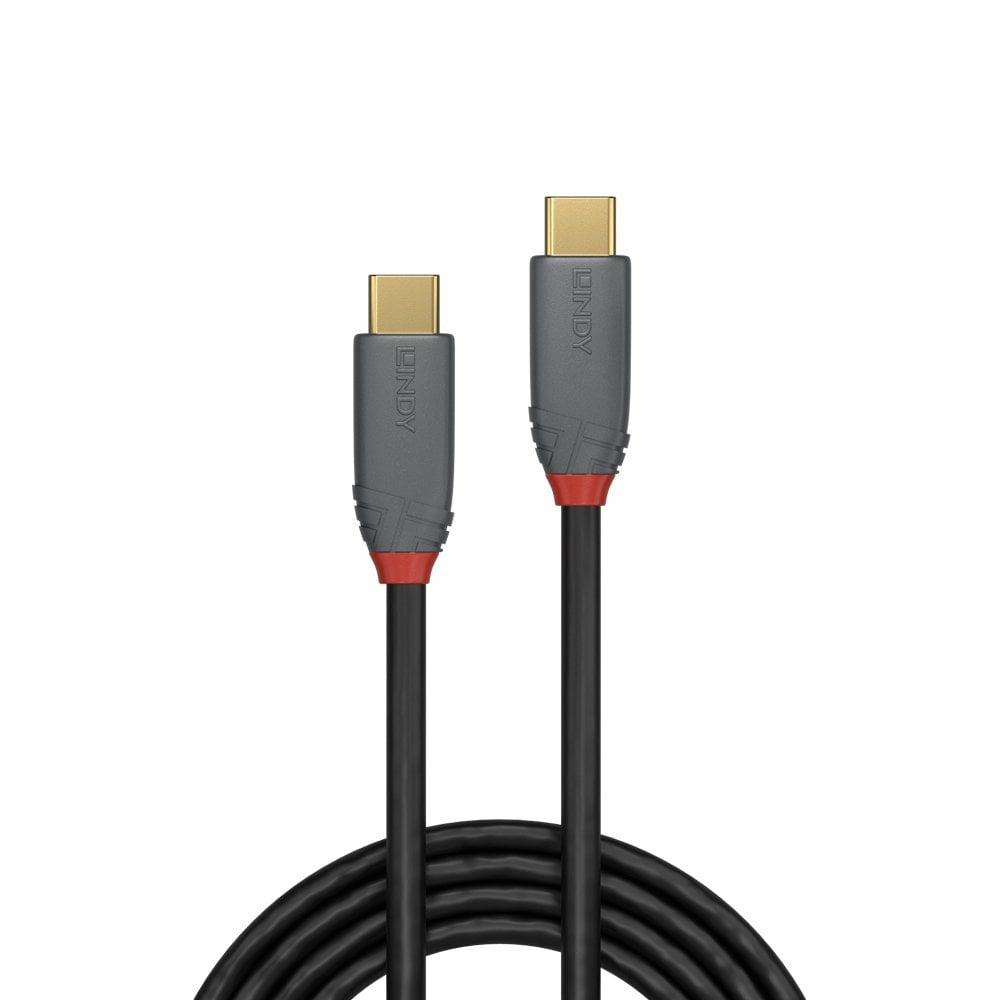 Due cavi neri con connettori USB-C. Dettagli rossi sui connettori. La parola LINDY è sopra.