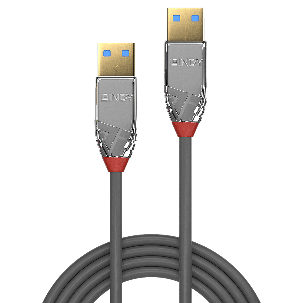 Câble USB gris avec connecteurs USB-A et USB-C, accents rouges.