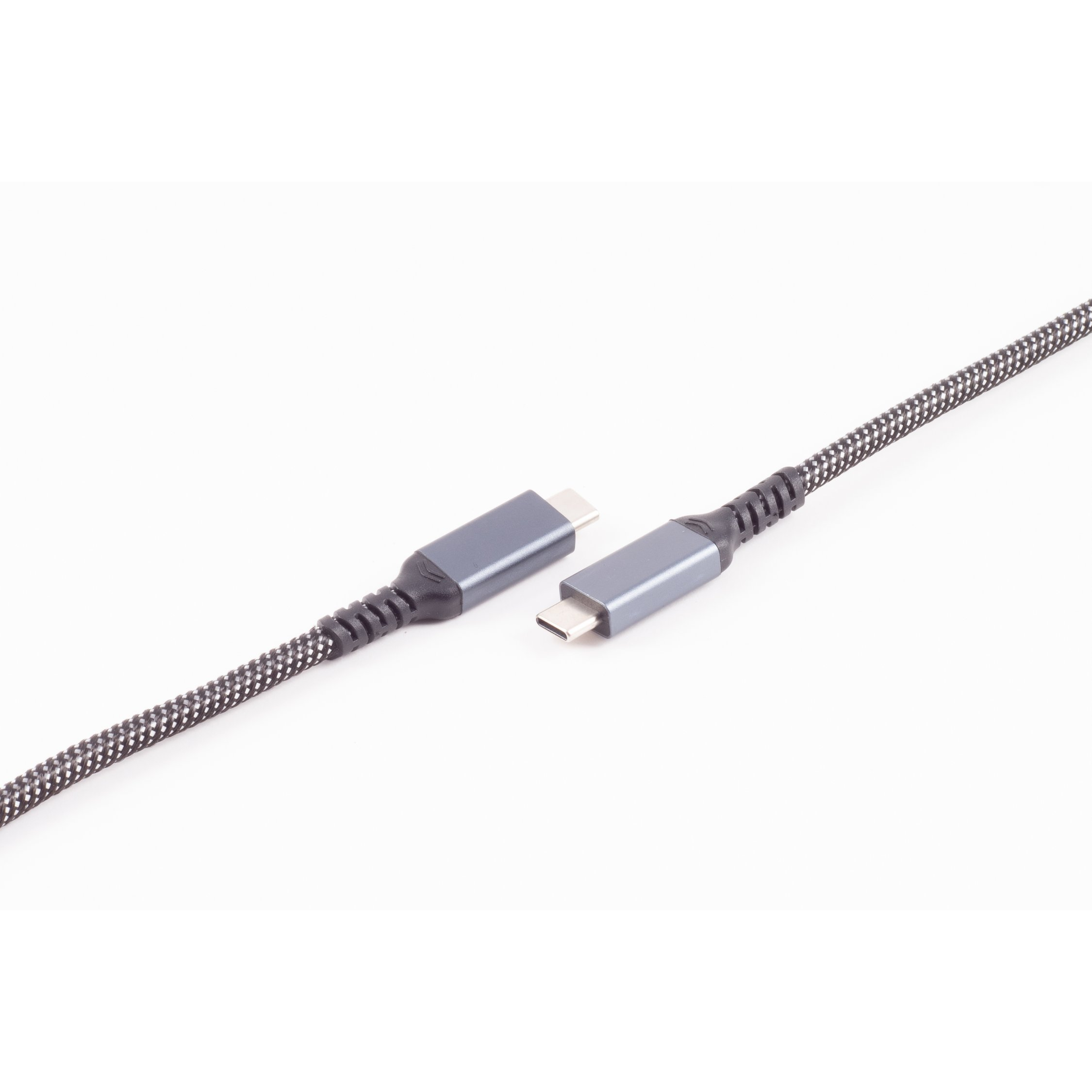 Cavo USB-C. Connettori grigi con cavo intrecciato bianco e nero.