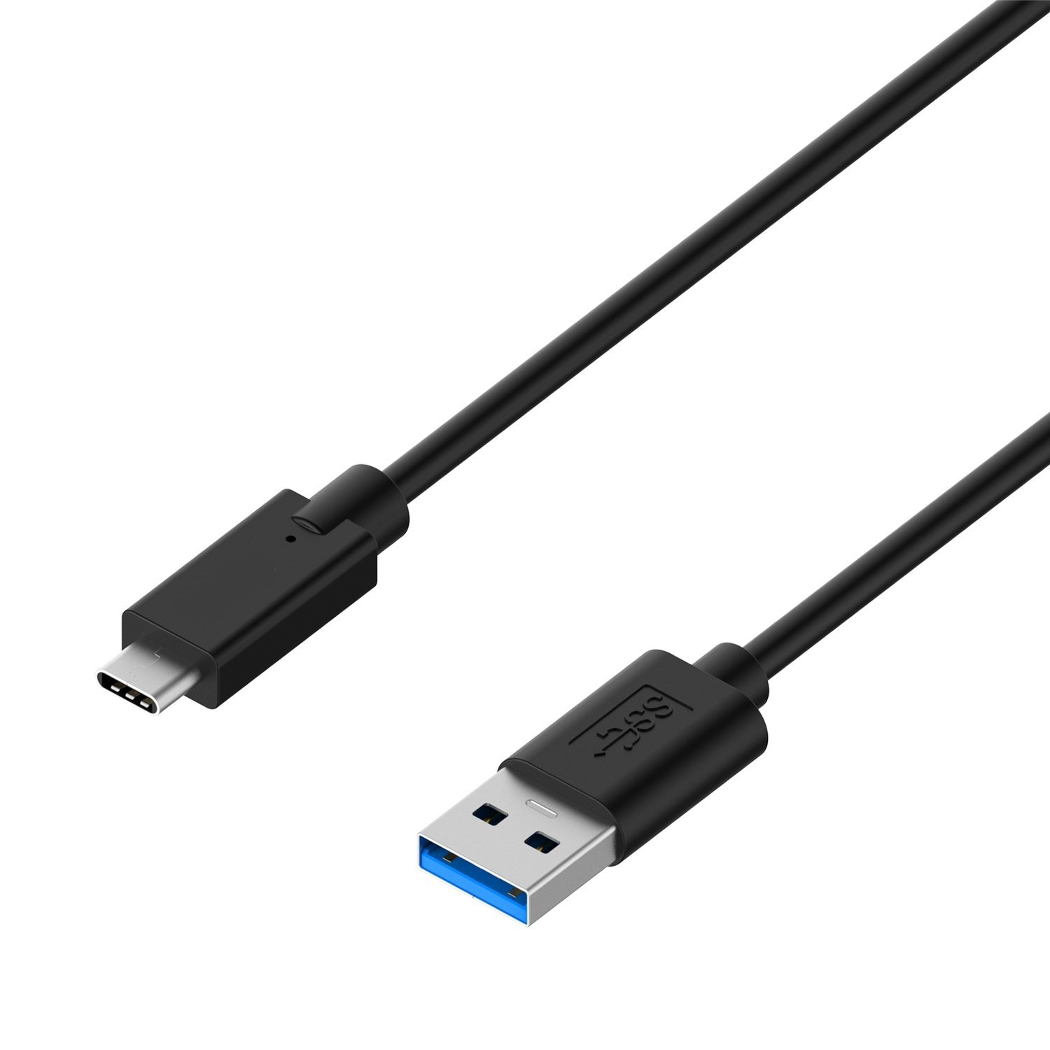 A black USB-C to USB-A cable on a white background.