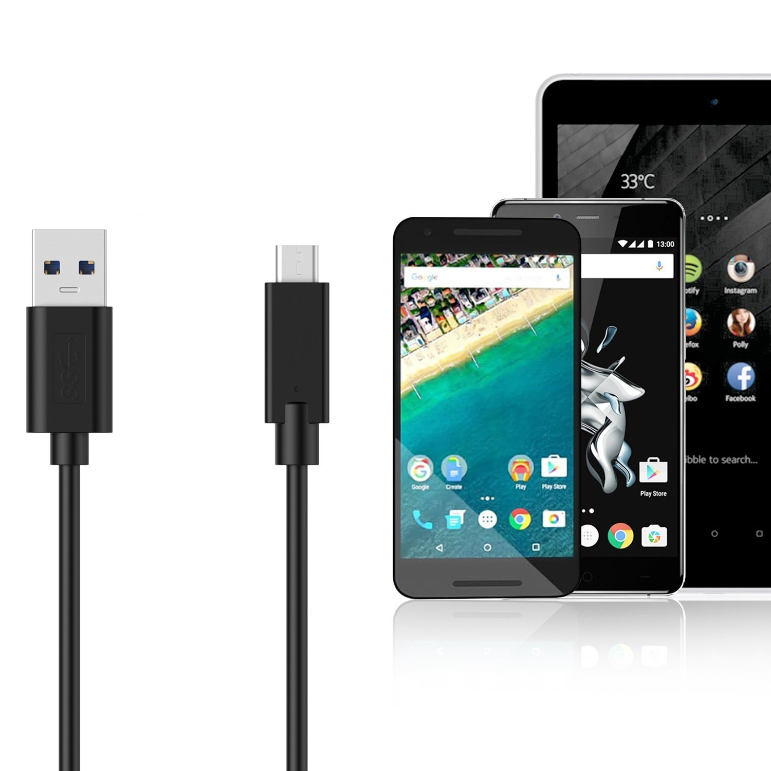 Black USB to Micro-USB cable, and three smartphones and a tablet. White background.