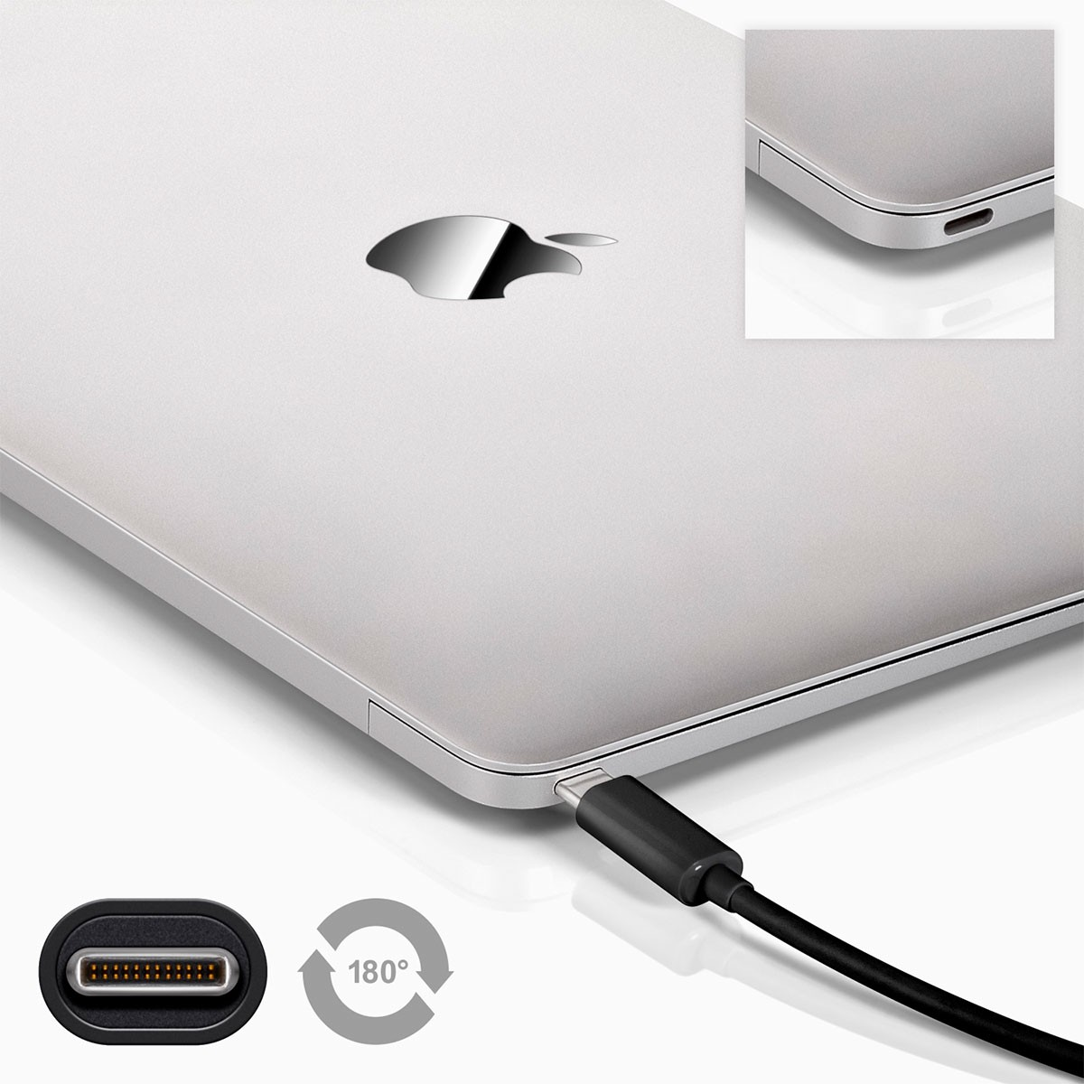 Laptop with a USB-C cable connected. Shows a close up of the port.