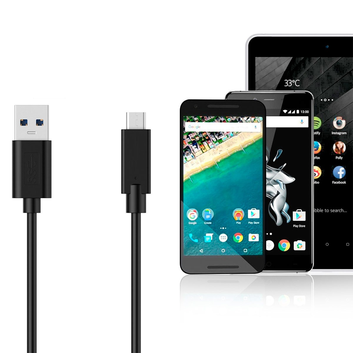 USB and USB-C cables with phones. Three phones are on the right.