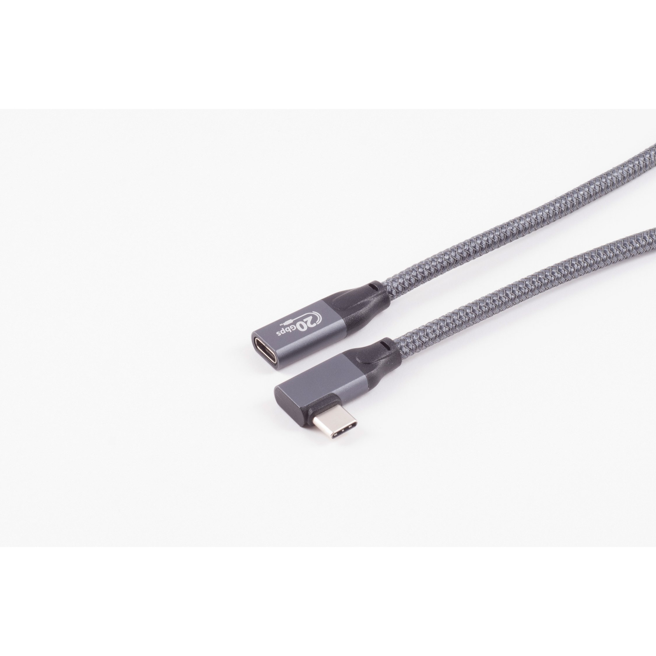 Un cavo USB-C con un connettore ad angolo retto. Il cavo è su sfondo bianco.