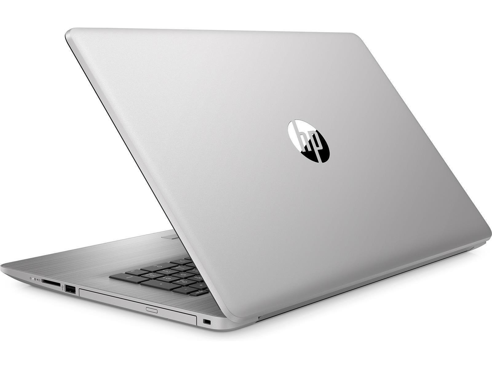 Silberner Laptop mit HP-Logo, geöffnet auf weißem Hintergrund.