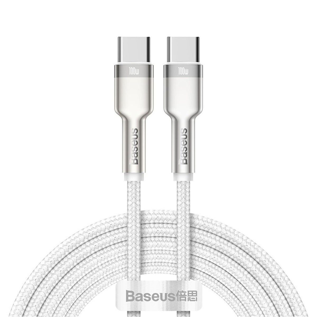 Dos cables USB-C blancos. Los extremos tienen carcasa plateada y cable blanco. Texto BASEUS.
