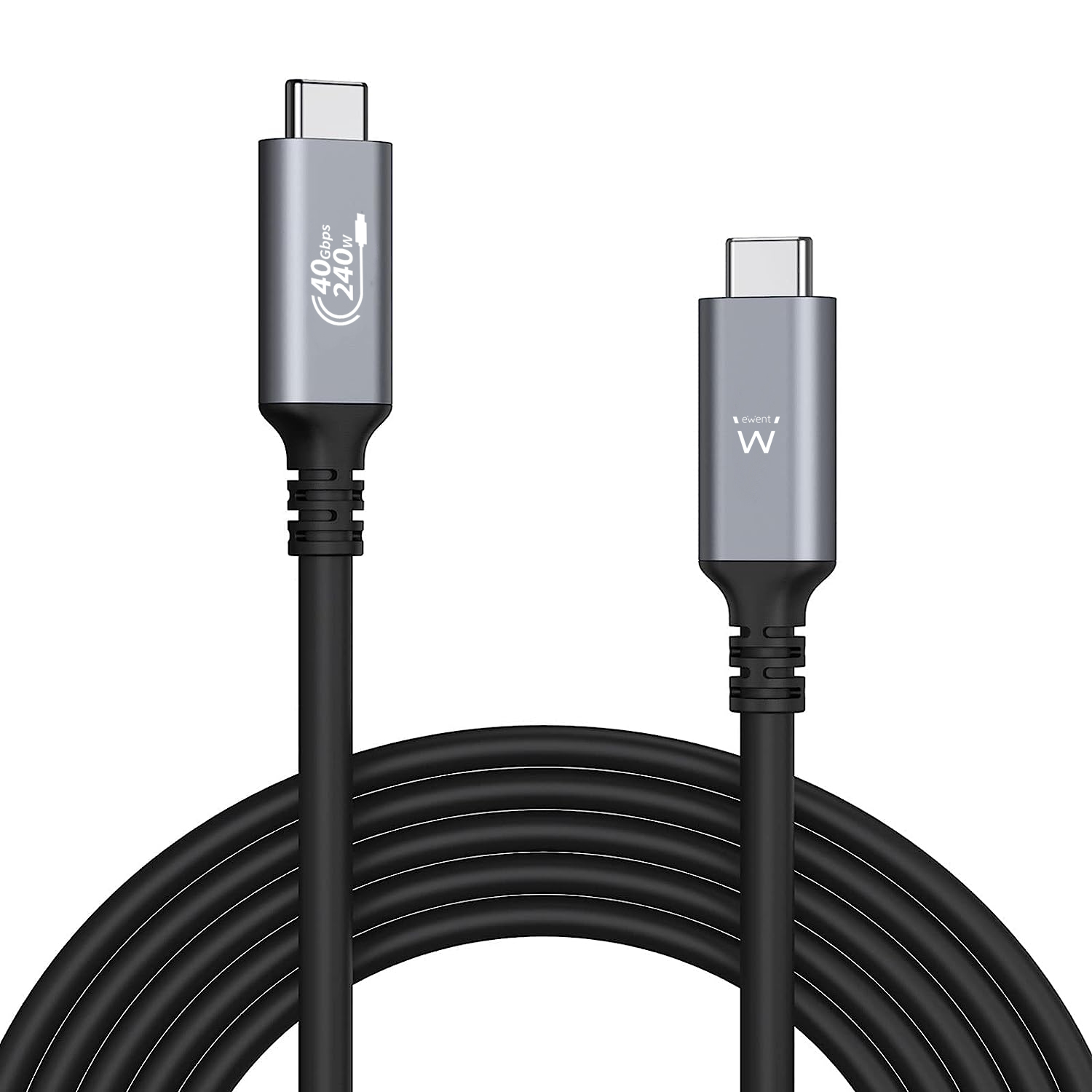 Due cavi USB-C neri con connettori argentati, sfondo bianco.