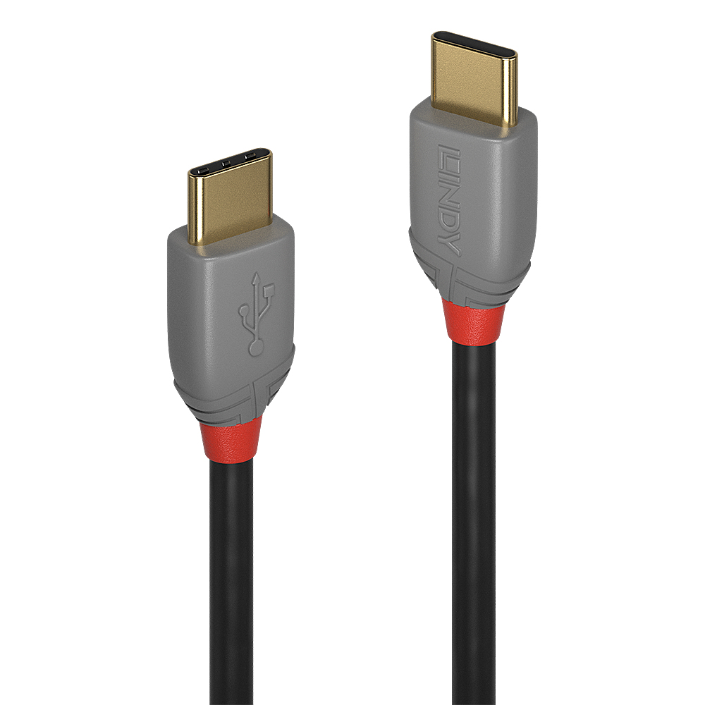 Due connettori USB-C. Grigio con dettagli rossi, cavo nero, etichetta Lindy.