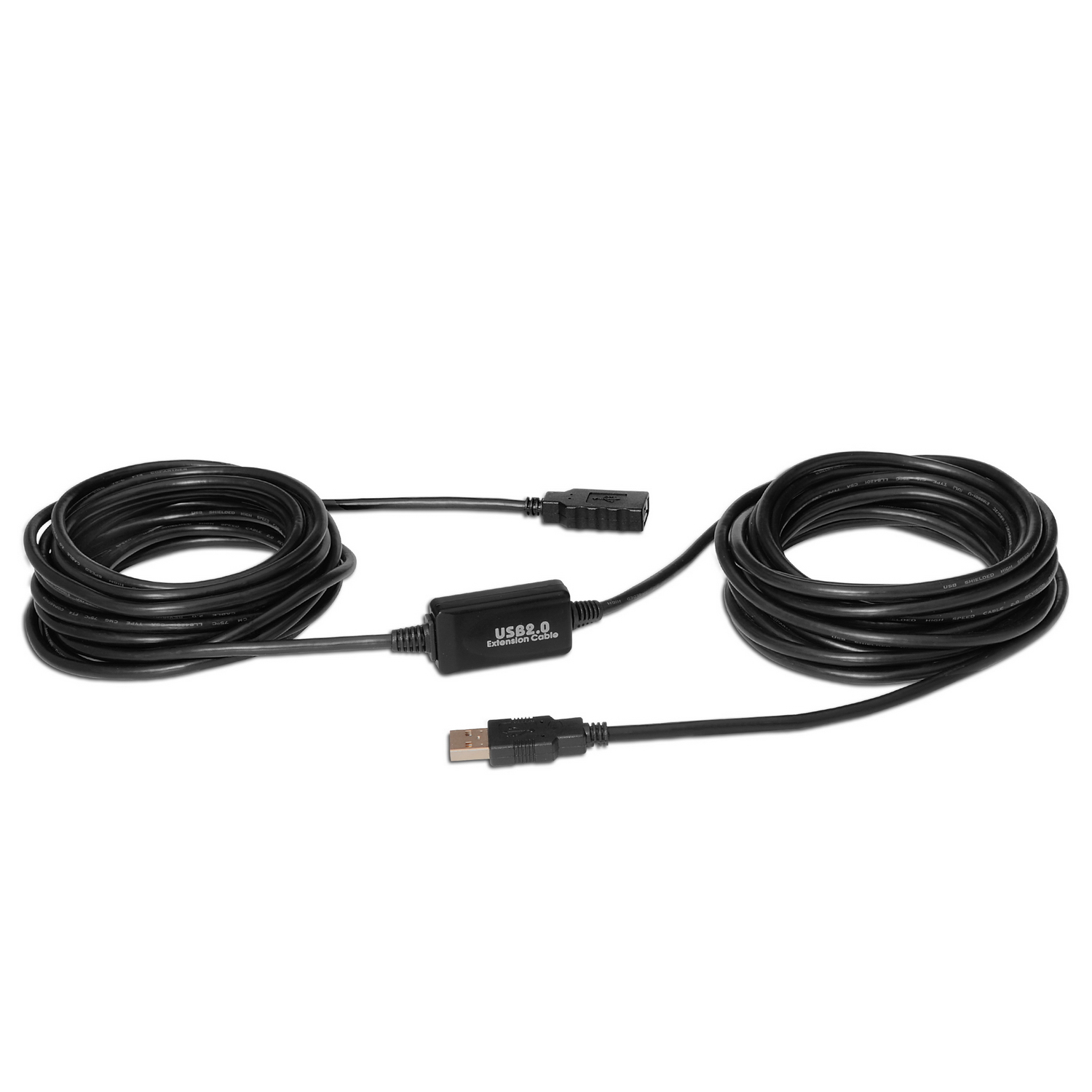 Due cavi di prolunga USB neri, arrotolati su sfondo bianco.