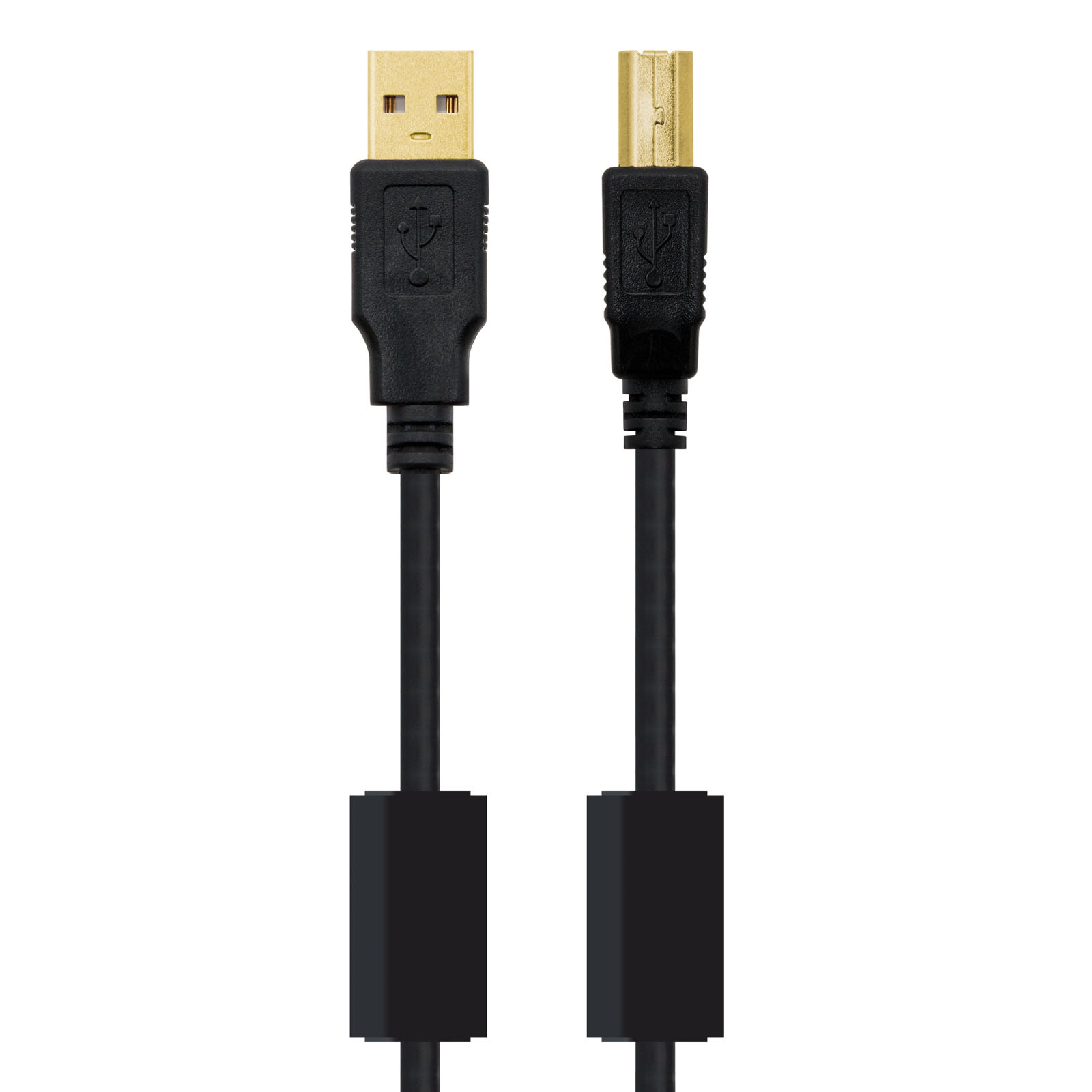 Twee USB-kabels, één met een USB-A en een USB-B mannelijke connector. De connectoren zijn zwart en goud.