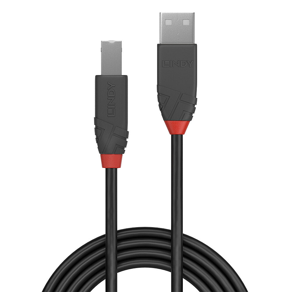 Czarny kabel USB z wtyczkami USB-A i USB-B, marki LINDY i czerwonymi akcentami.