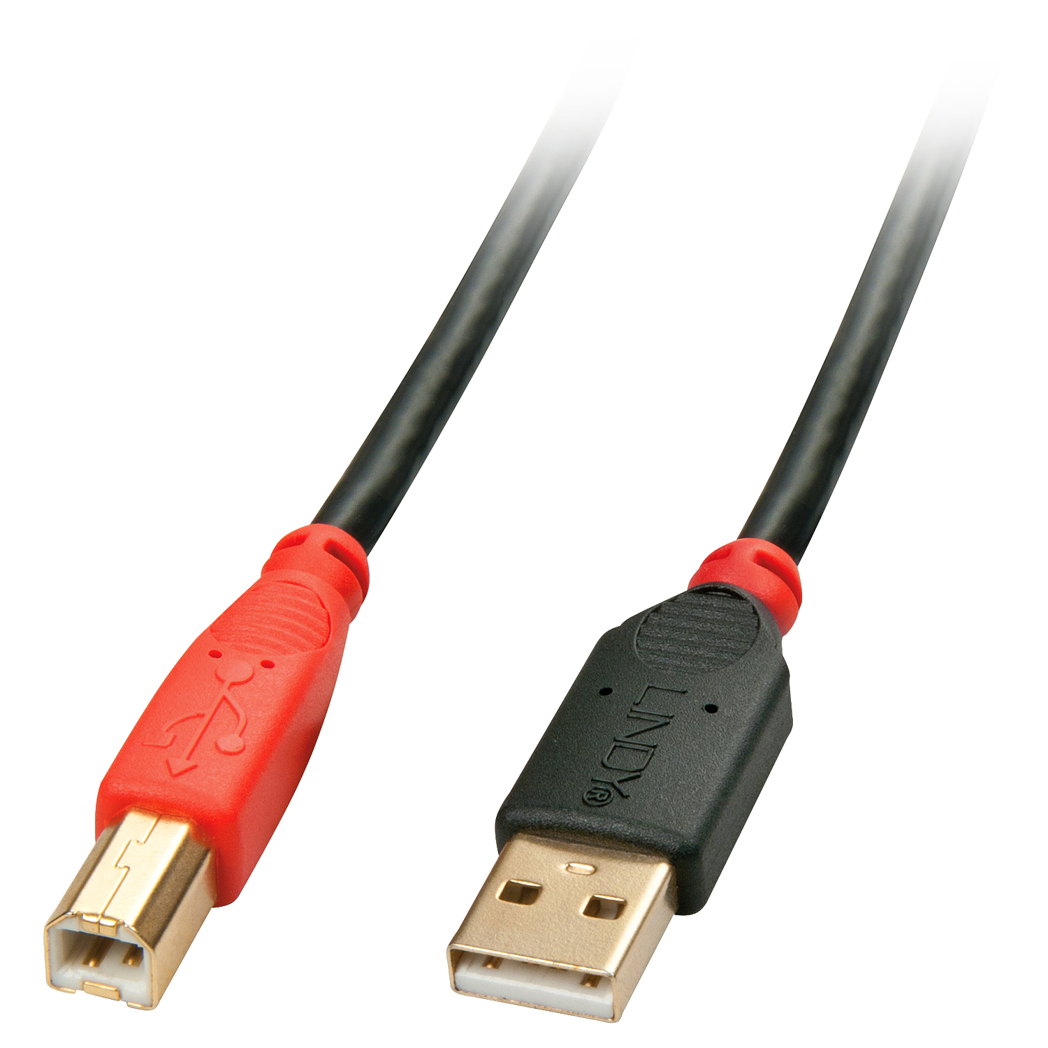 Deux câbles USB, un avec un connecteur USB-A rouge et un avec un connecteur USB-B. La marque est Lindy.