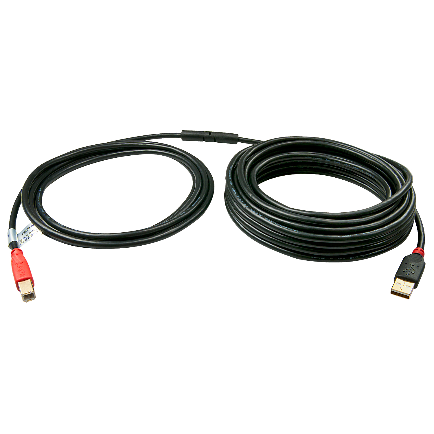 Câble USB noir avec connecteurs rouges et USB sur fond blanc.