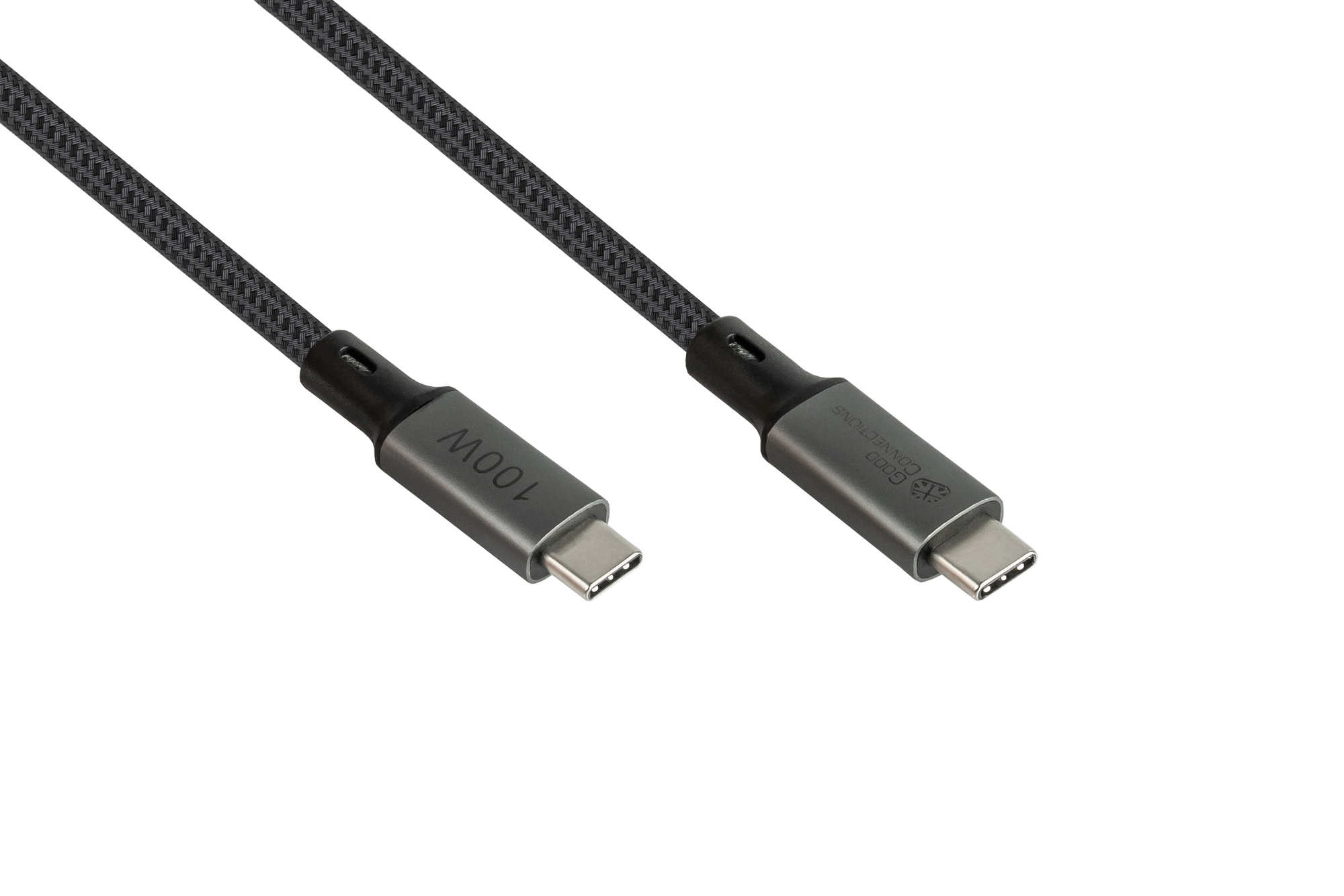 Zwarte USB-C kabel. Grijze connectoren met witte tekst. Witte achtergrond.